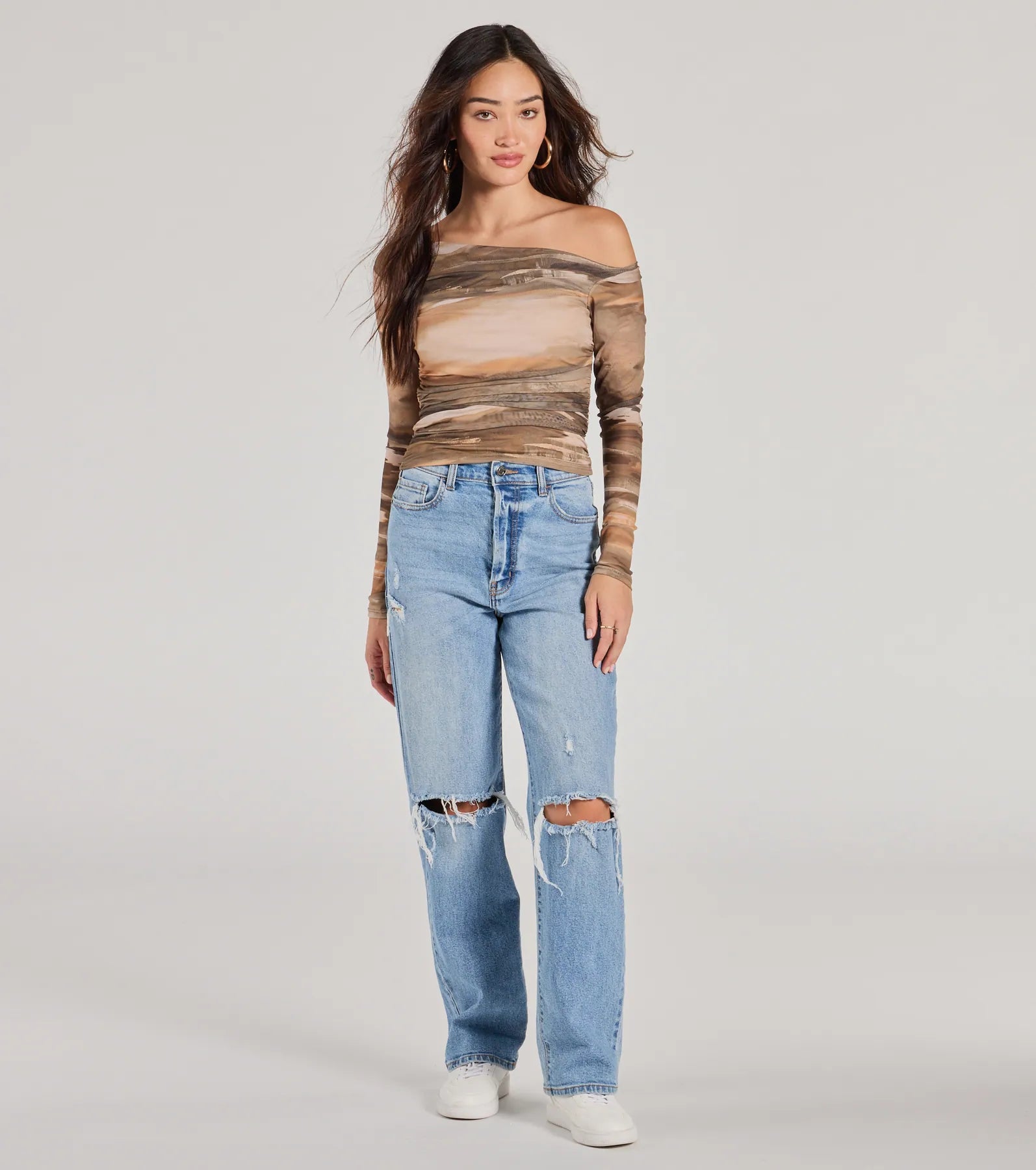 Trendy Abstract Mesh Off-Shoulder Top