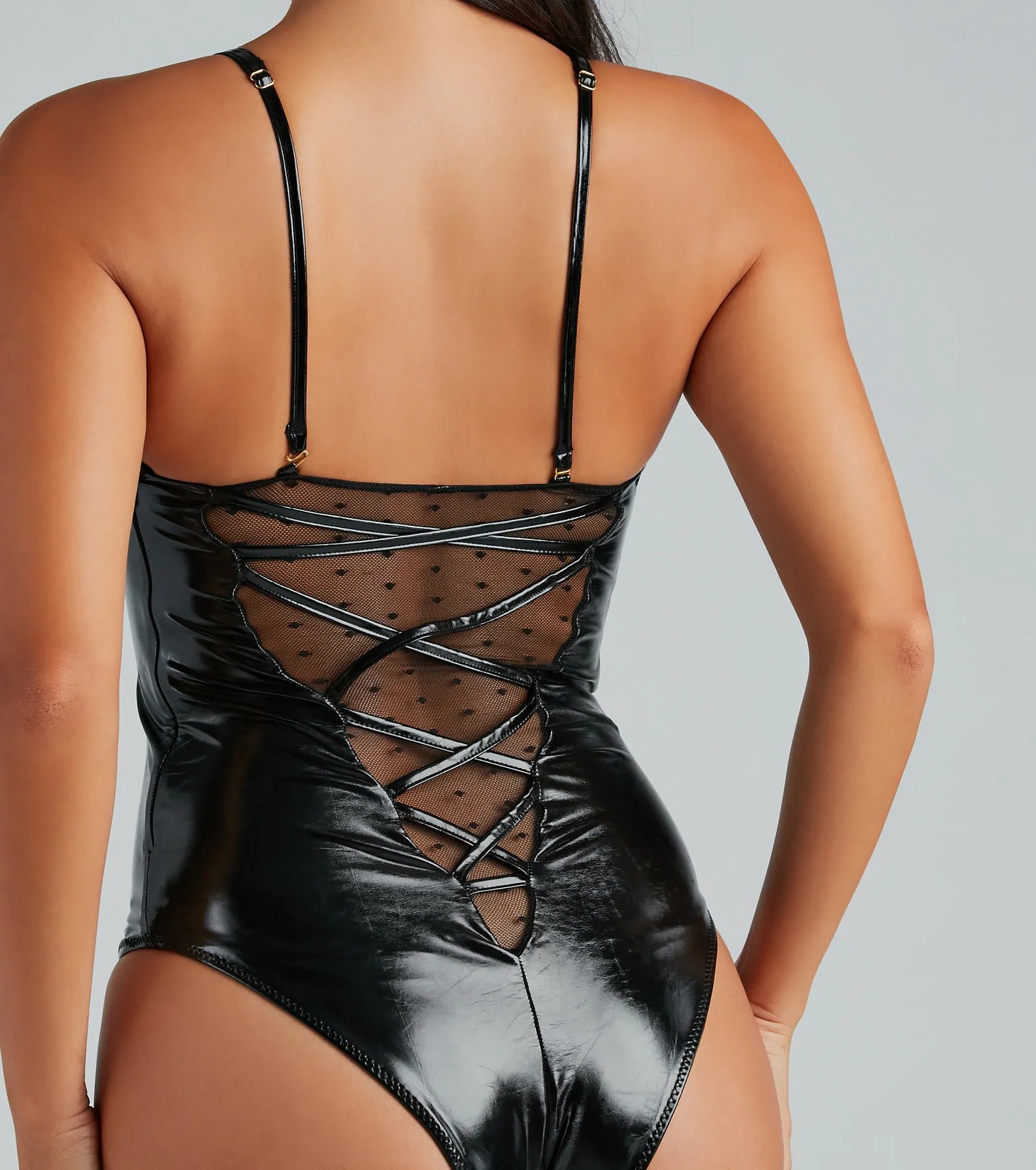 Attention Please Patent Faux Leather Bodysuit