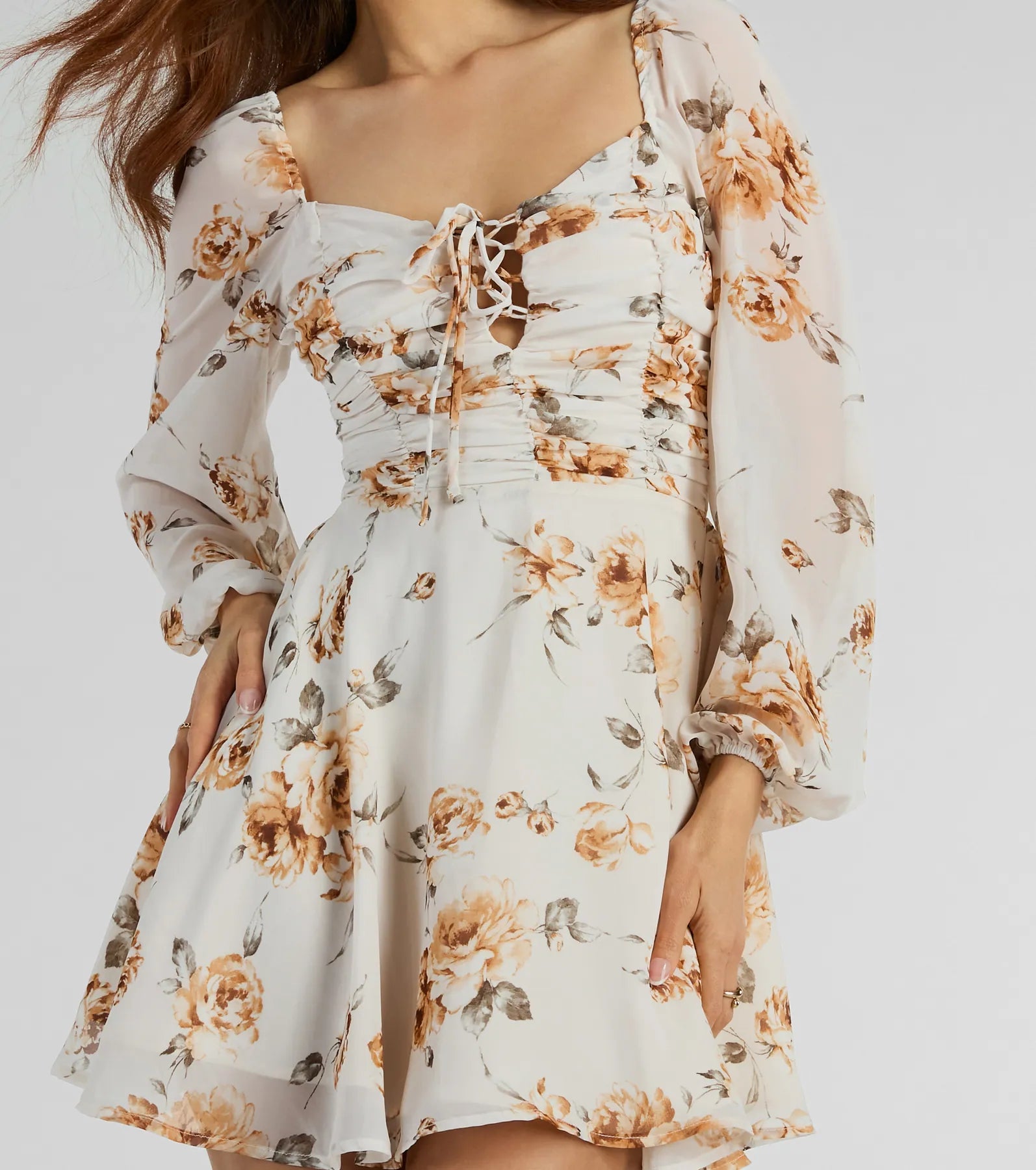 Gorgeous Mood Lace Up Floral Chiffon Skater Dress