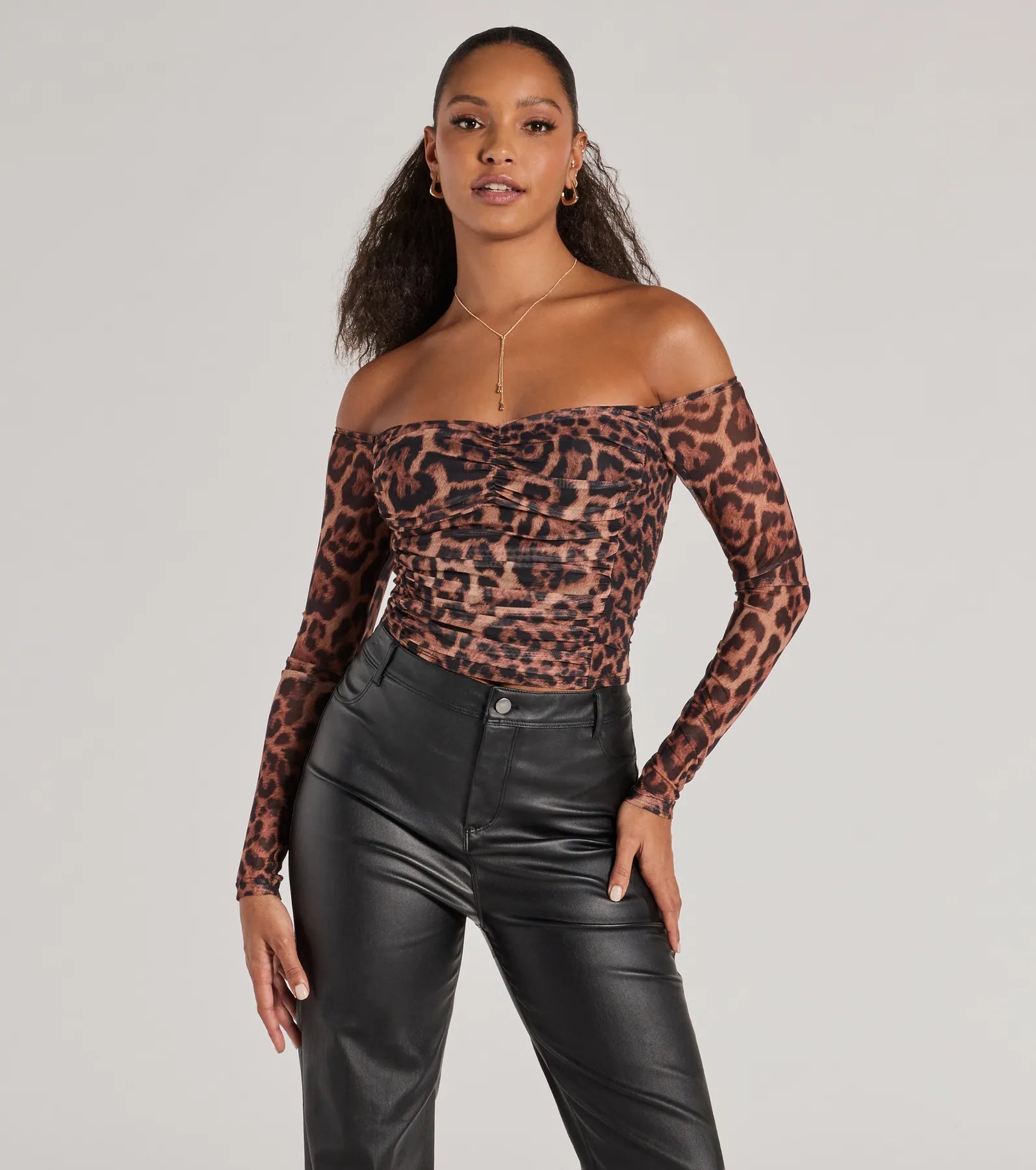 Sultry Leopard Print Mesh Off-The-Shoulder Top