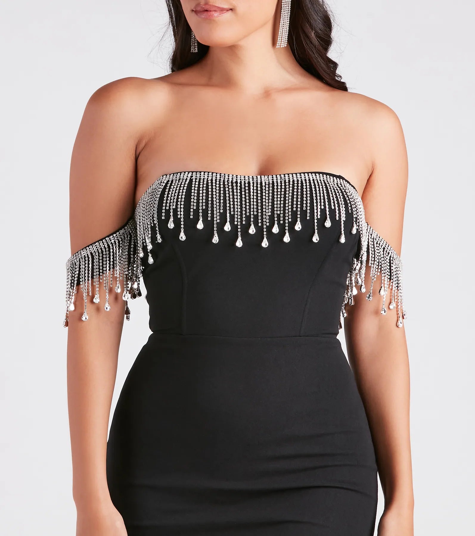 Shaylee Rhinestone Fringe Off-The-Shoulder Dress