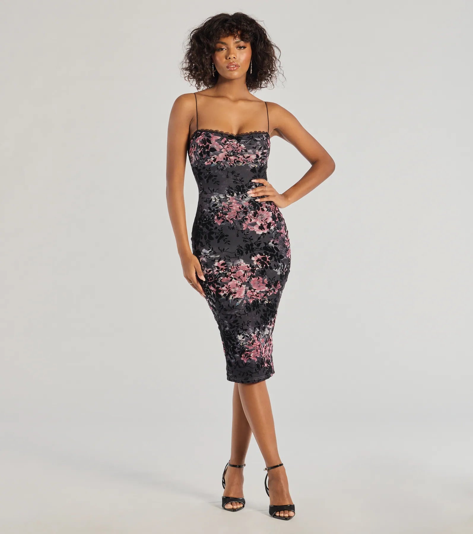 Flawless Look Flocked Floral Mesh Bodycon Midi Dress