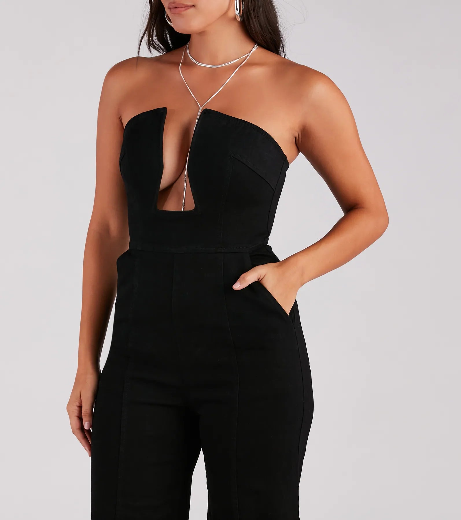 Entice The Night Plunge Neck Denim Jumpsuit