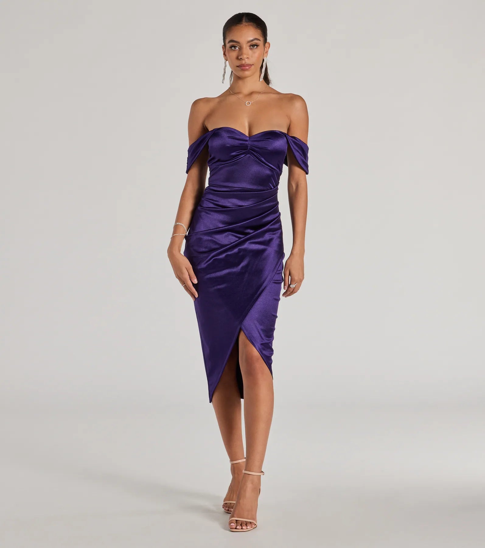 Gaia Satin Off-The-Shoulder Wrap Midi Dress