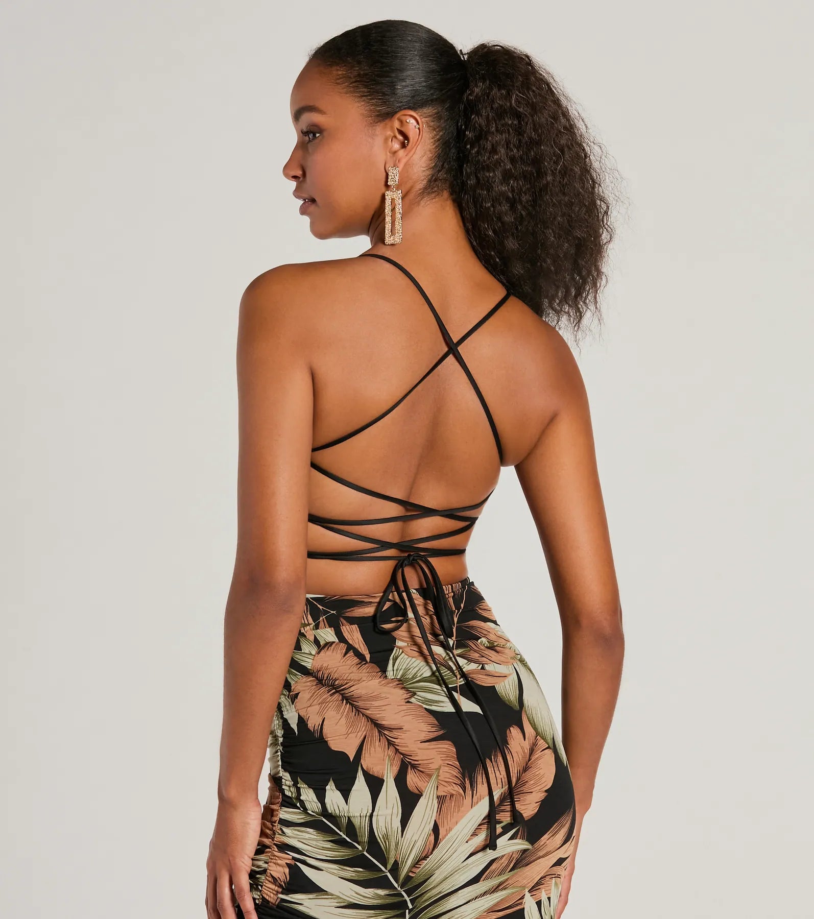 Follow The Sun Lace-Up Tropical Midi Dress