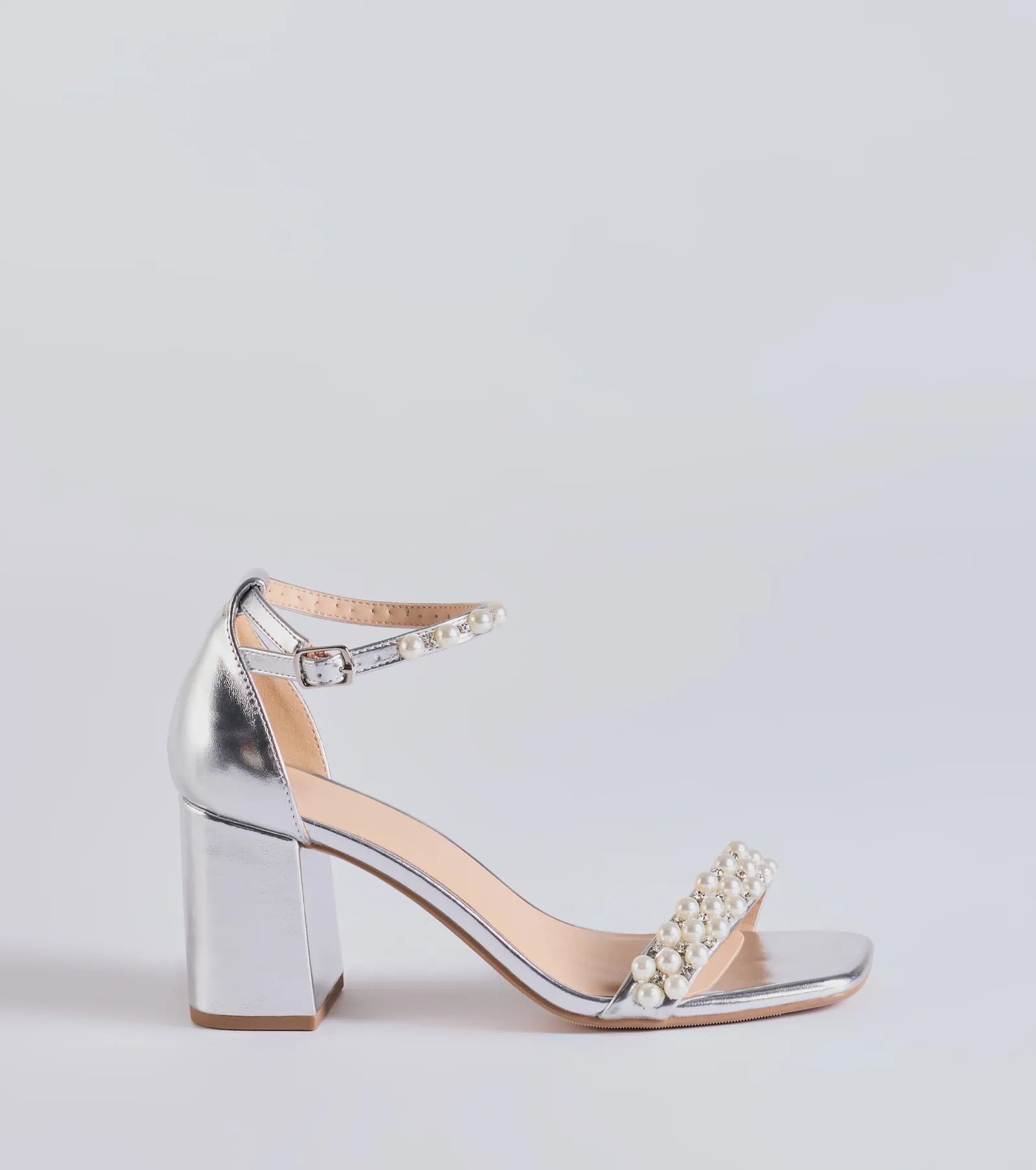 Gleaming Radiance Faux Pearl Metallic Block Heels