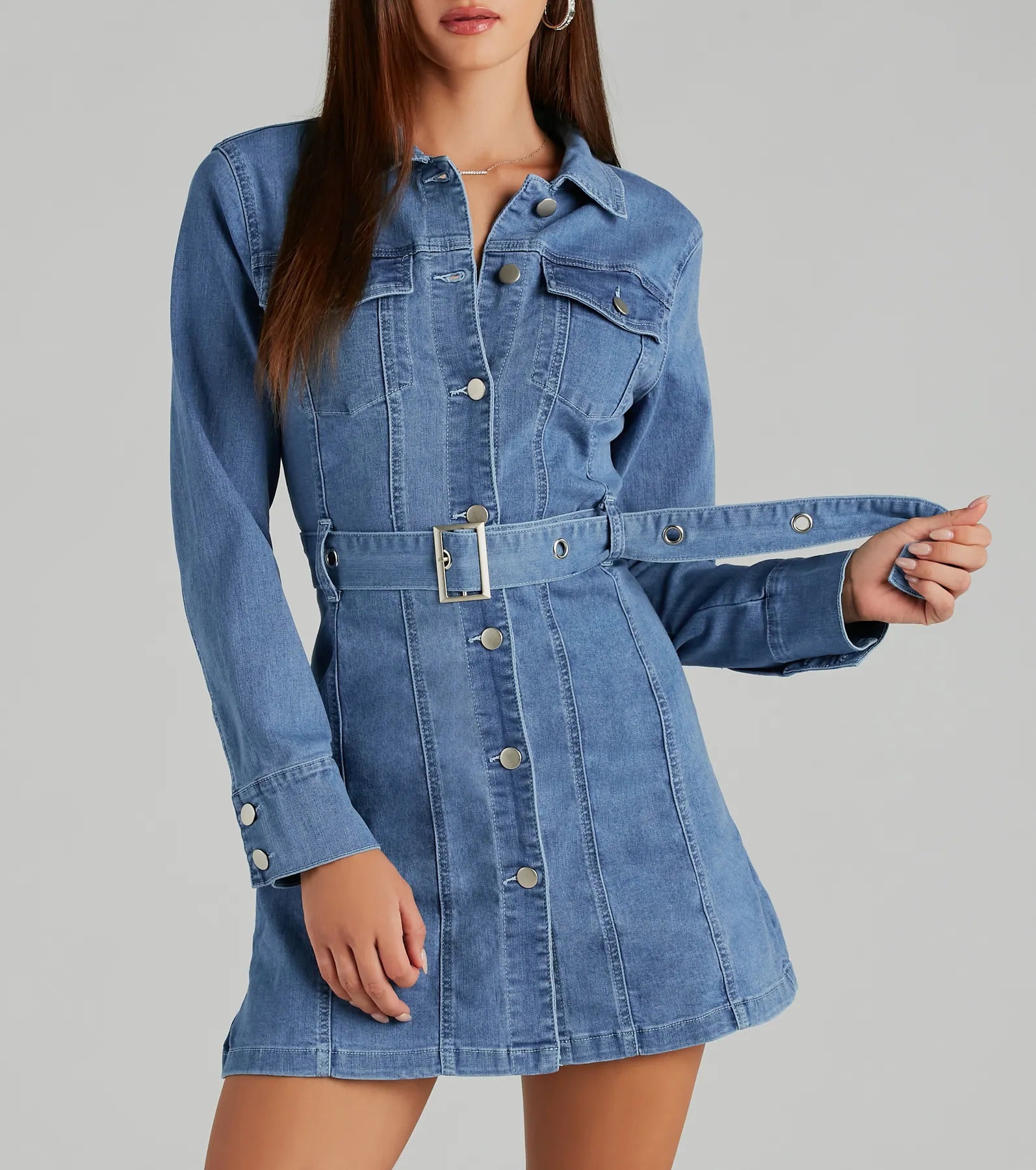 Season Of Fun Denim Collared A-Line Mini Dress