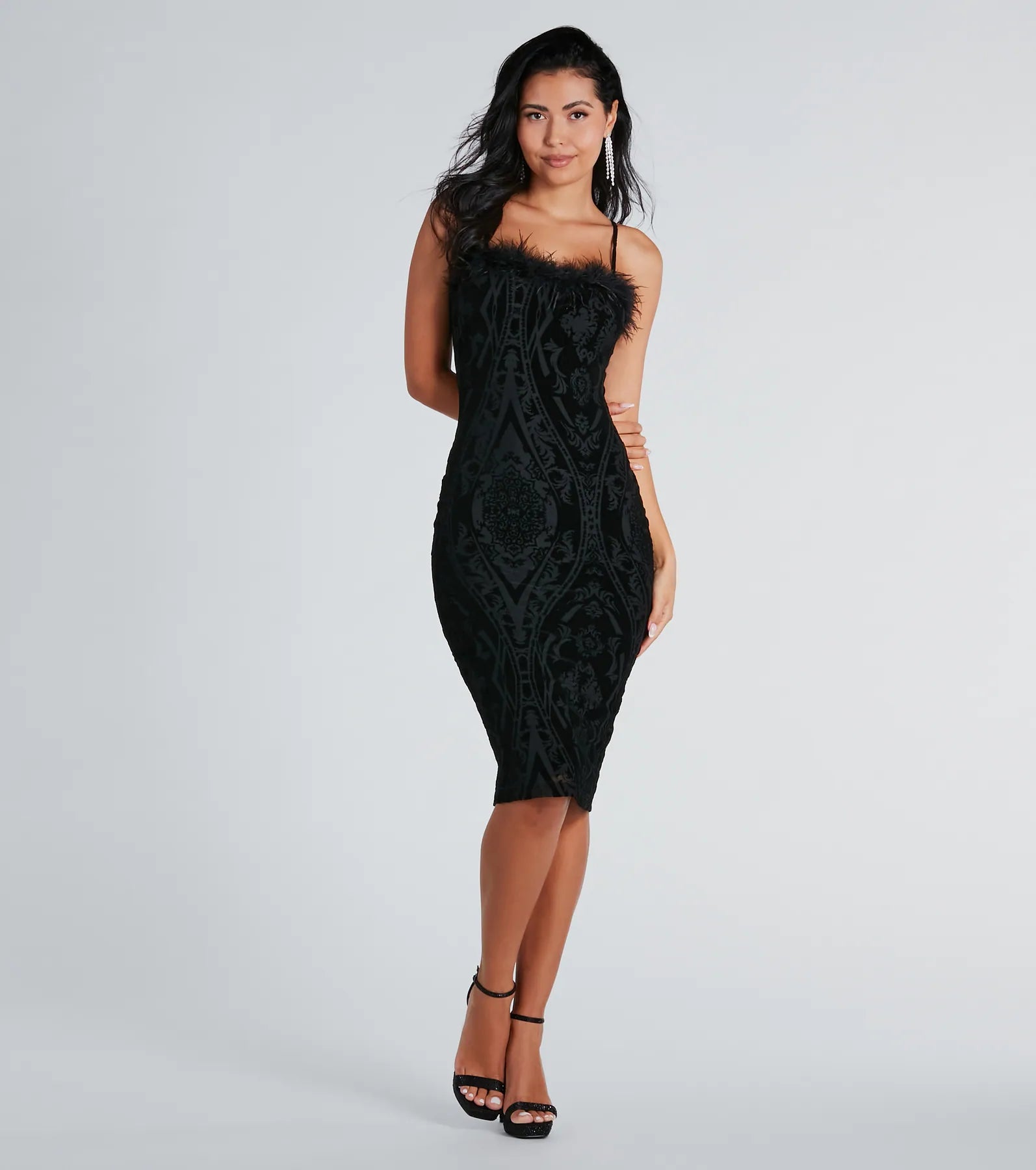 Roselyn Velvet Flocked Mesh Formal Midi Dress