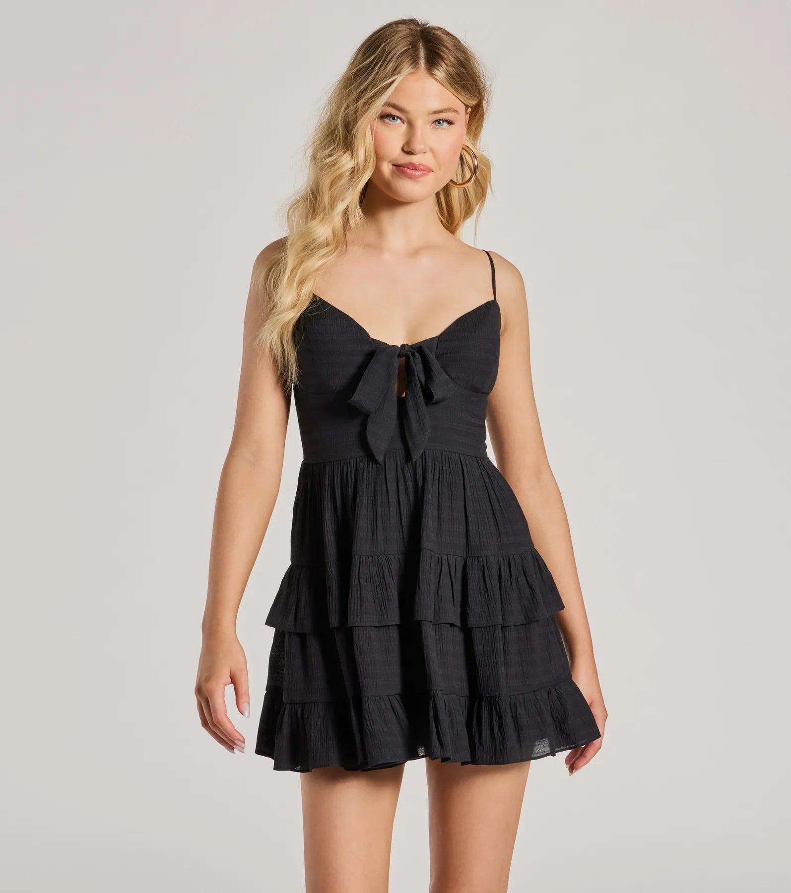 Charming Allure Tie-Front Ruffled Skater Dress