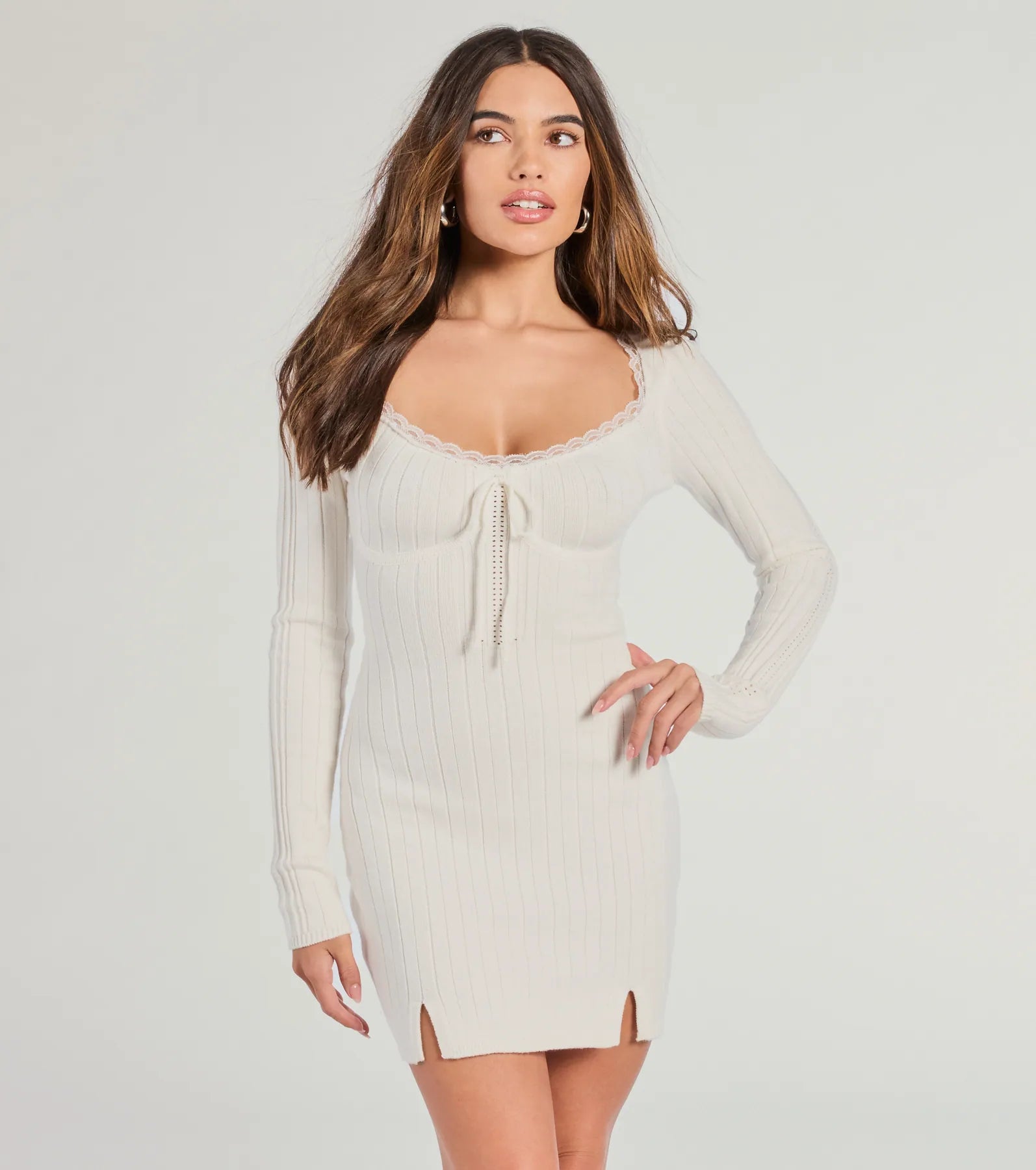 Such A Flirt Lace Trim Scoop Neck Knit Mini Dress