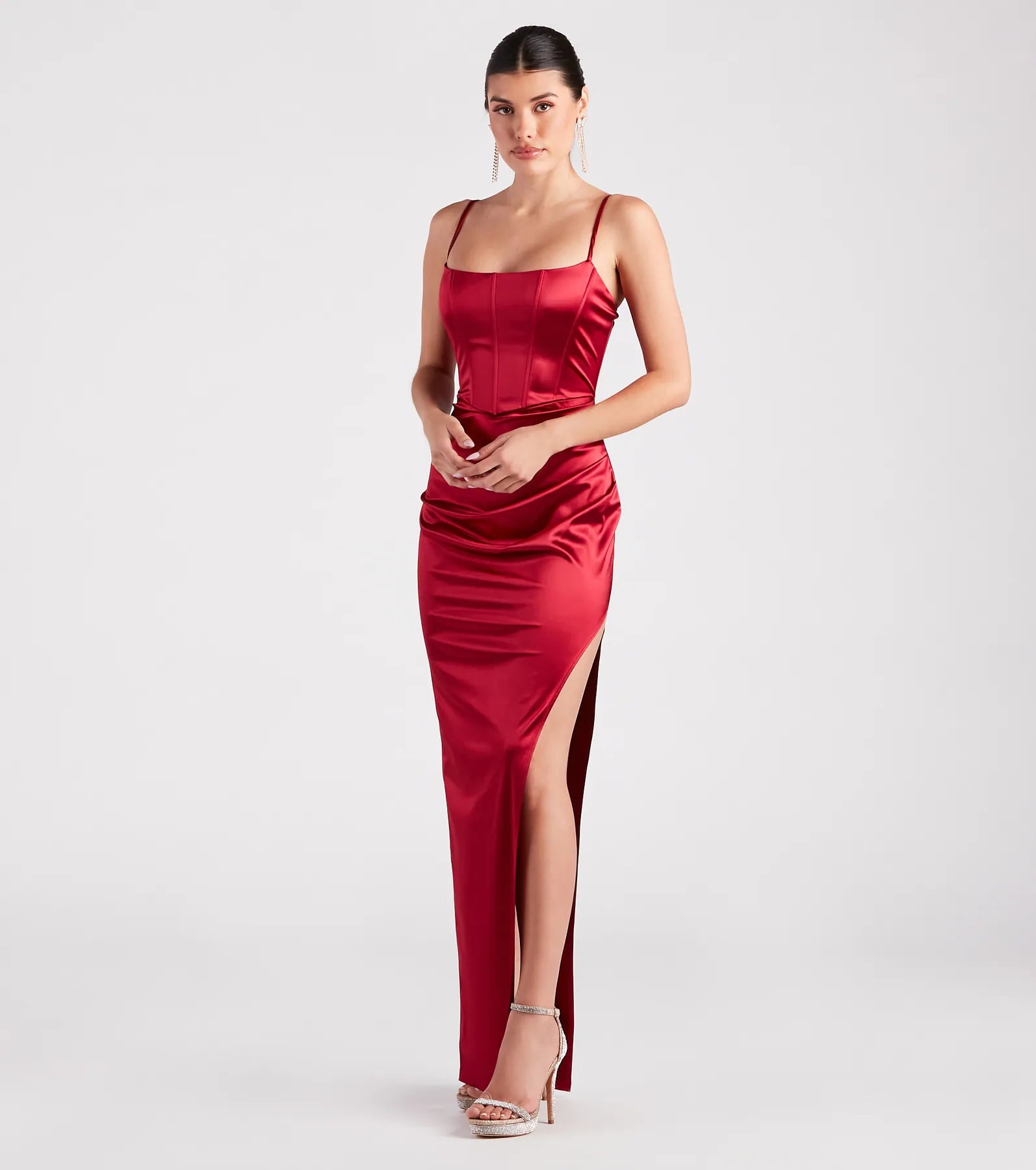 Helena Formal Satin Corset Slit Dress