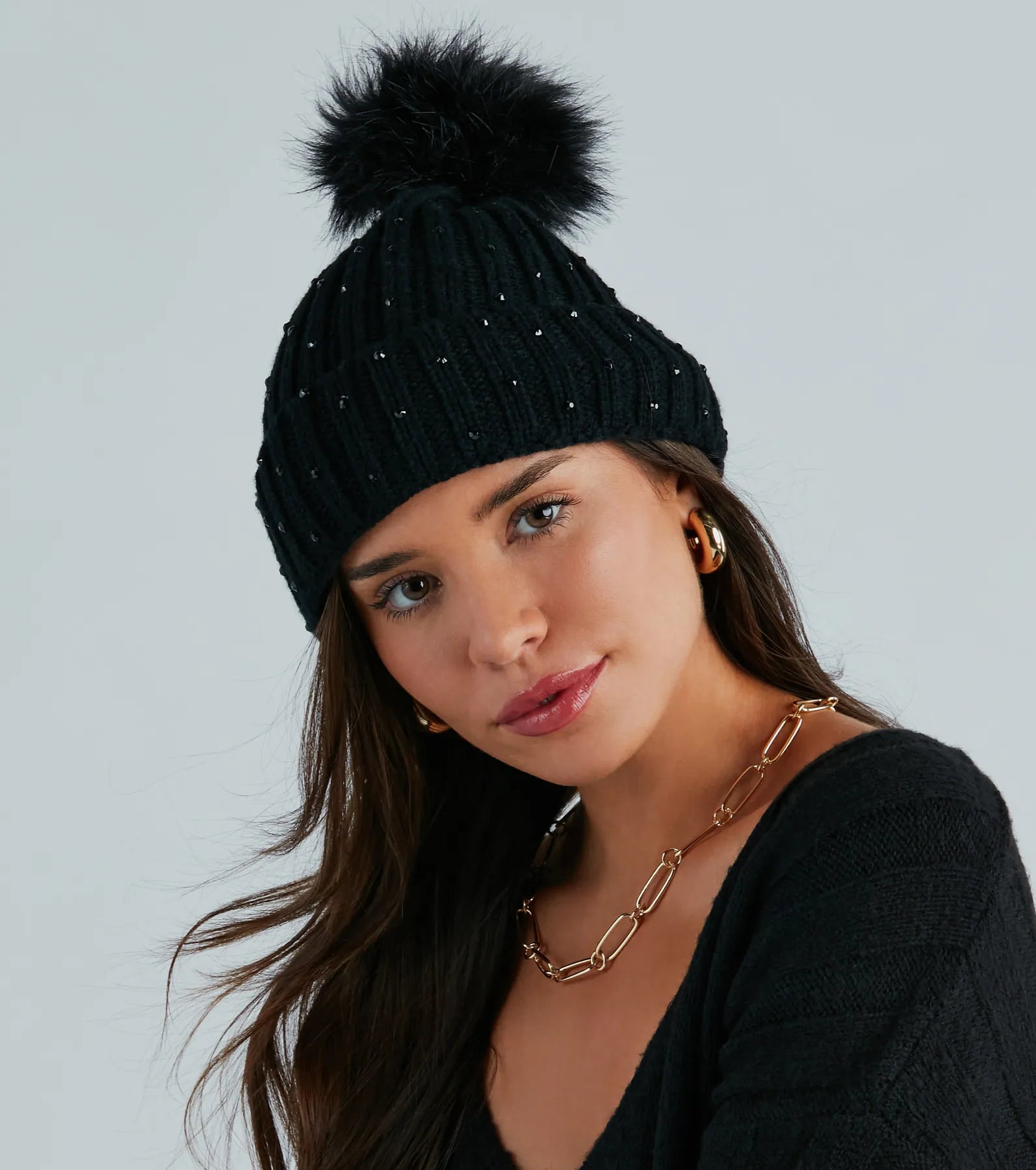 Winter Glam Rhinestone Faux Fur Knit Beanie