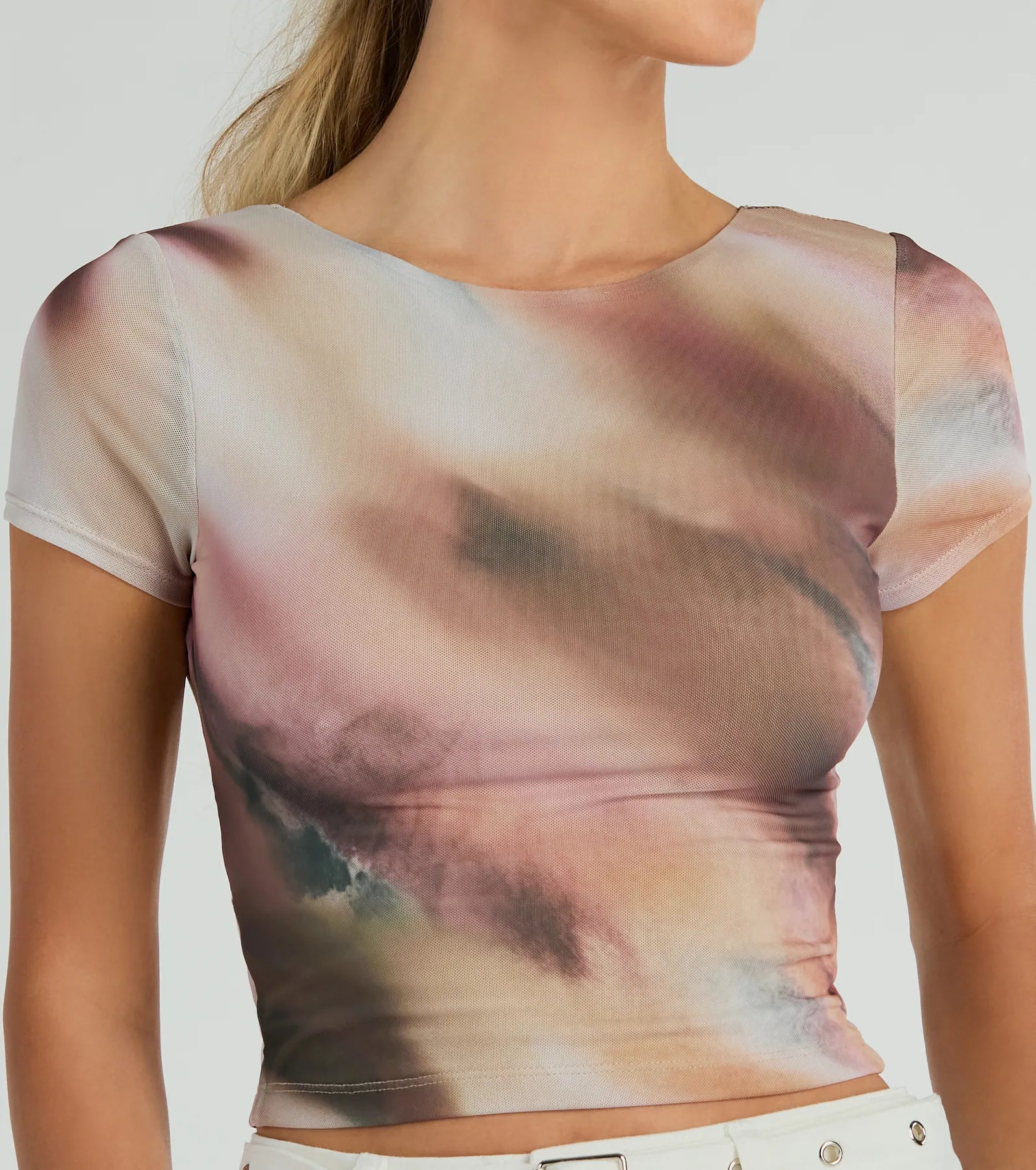 Talk Back Abstract Print Mesh Crop Top