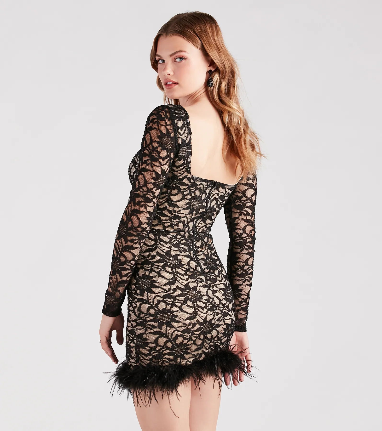 Natasha Lace Long Sleeve Feather Mini Dress