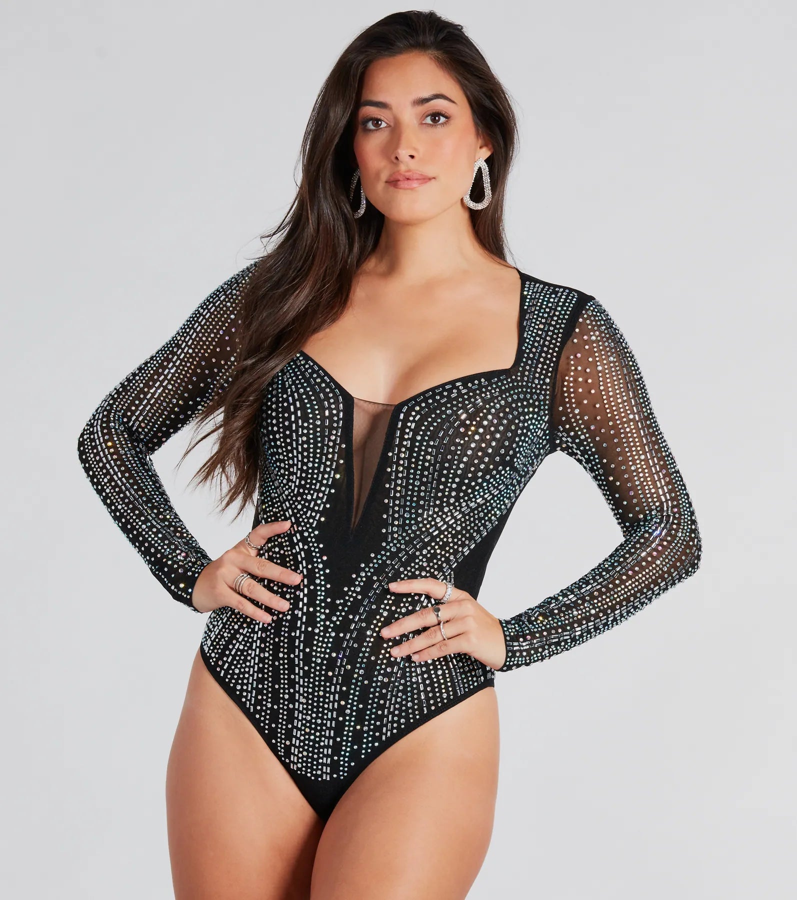 Enamored With Glam Rhinestone Sheer Mesh Bodysuit