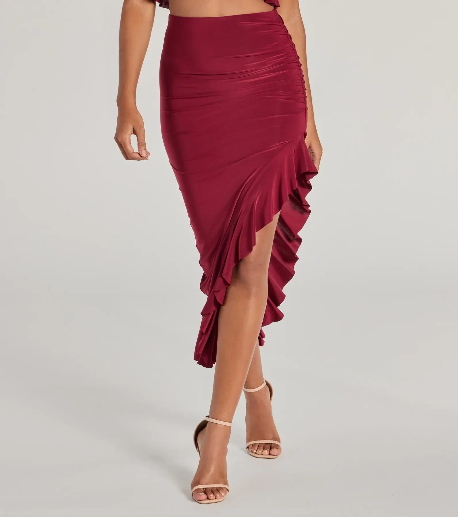 Flirty Moves Ruffled Slit Knit Midi Skirt