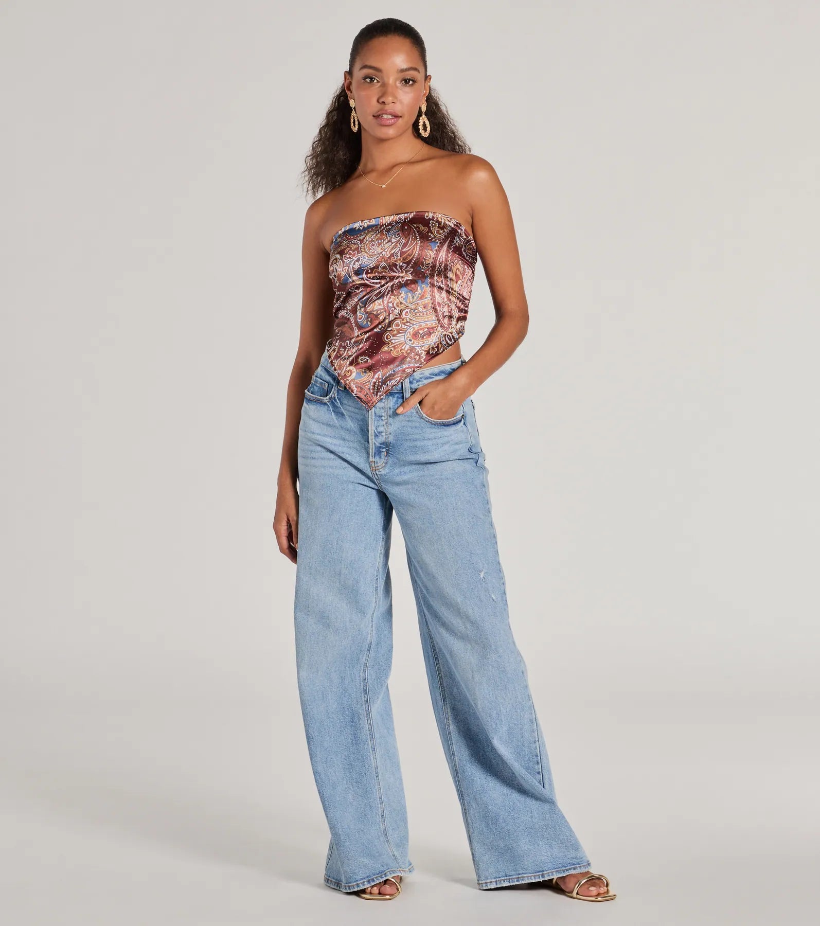 Sangria Sunset Strapless Paisley Satin Crop Top