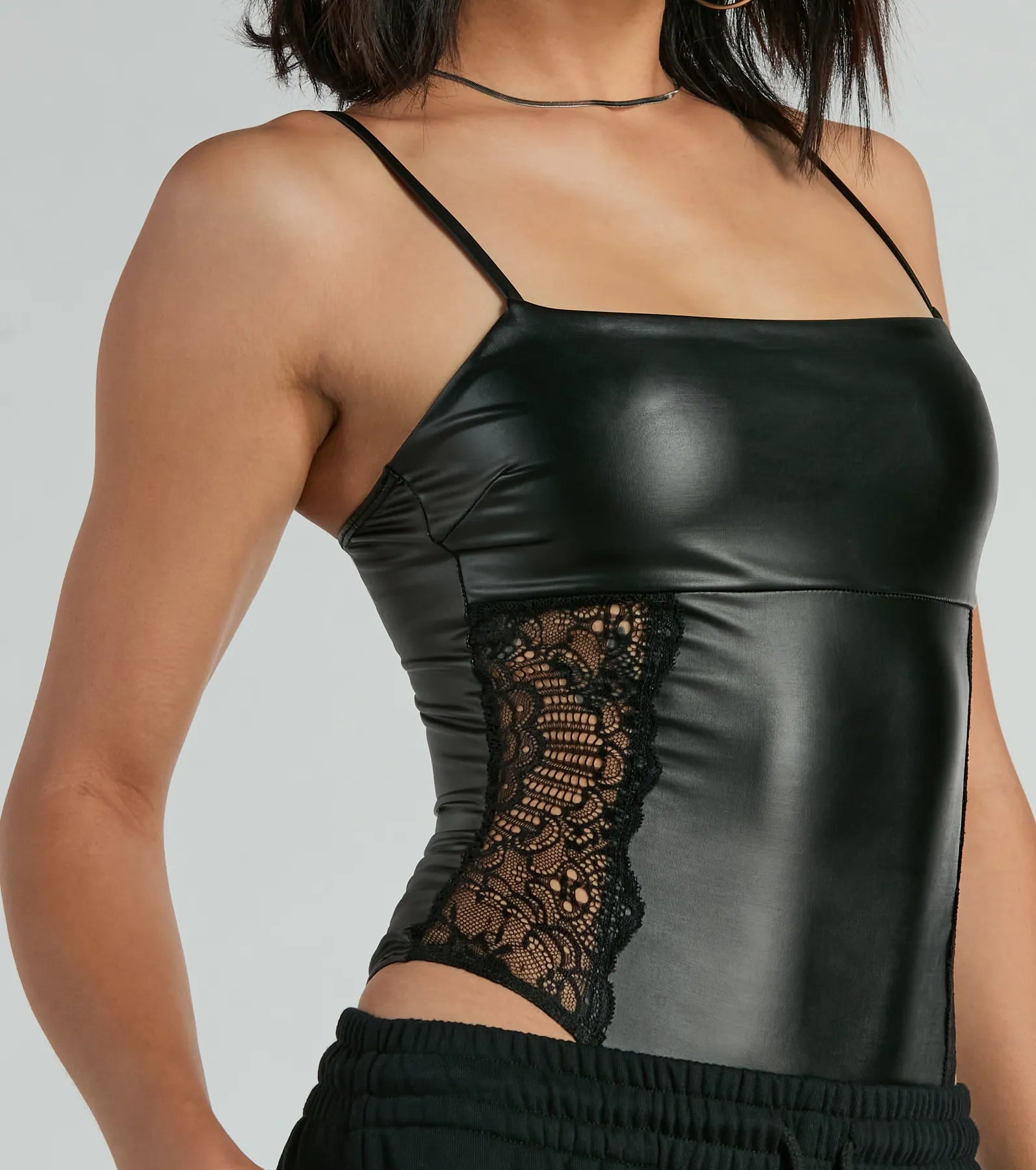 Daring Encounter Lace Faux Leather Bodysuit