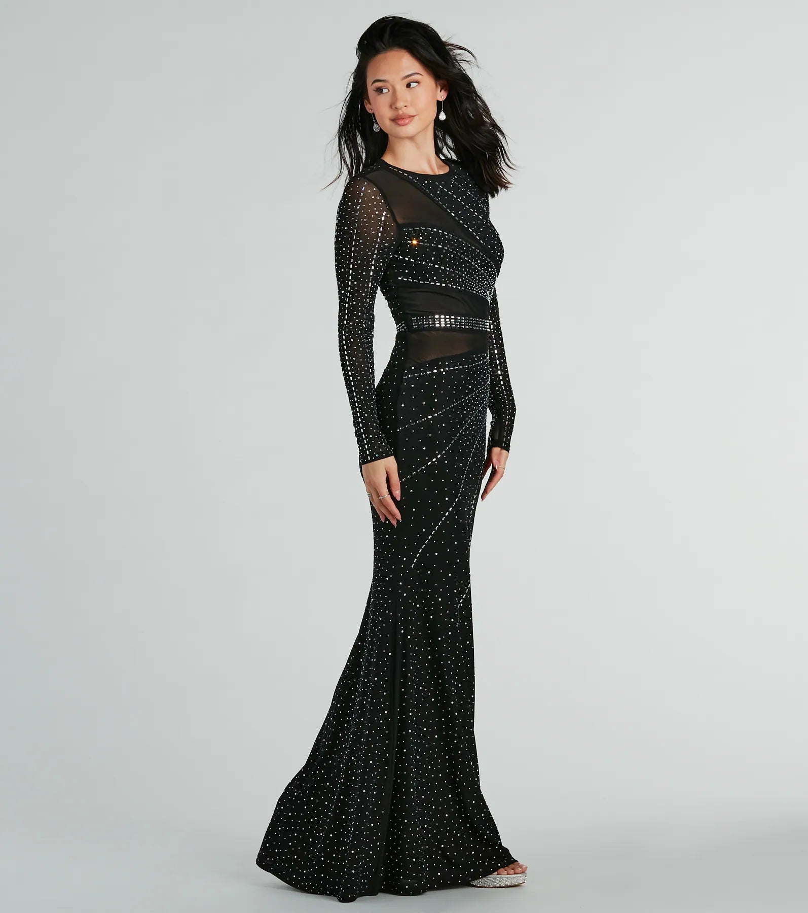 Sofia Long Sleeve Rhinestone Mesh Mermaid Dress