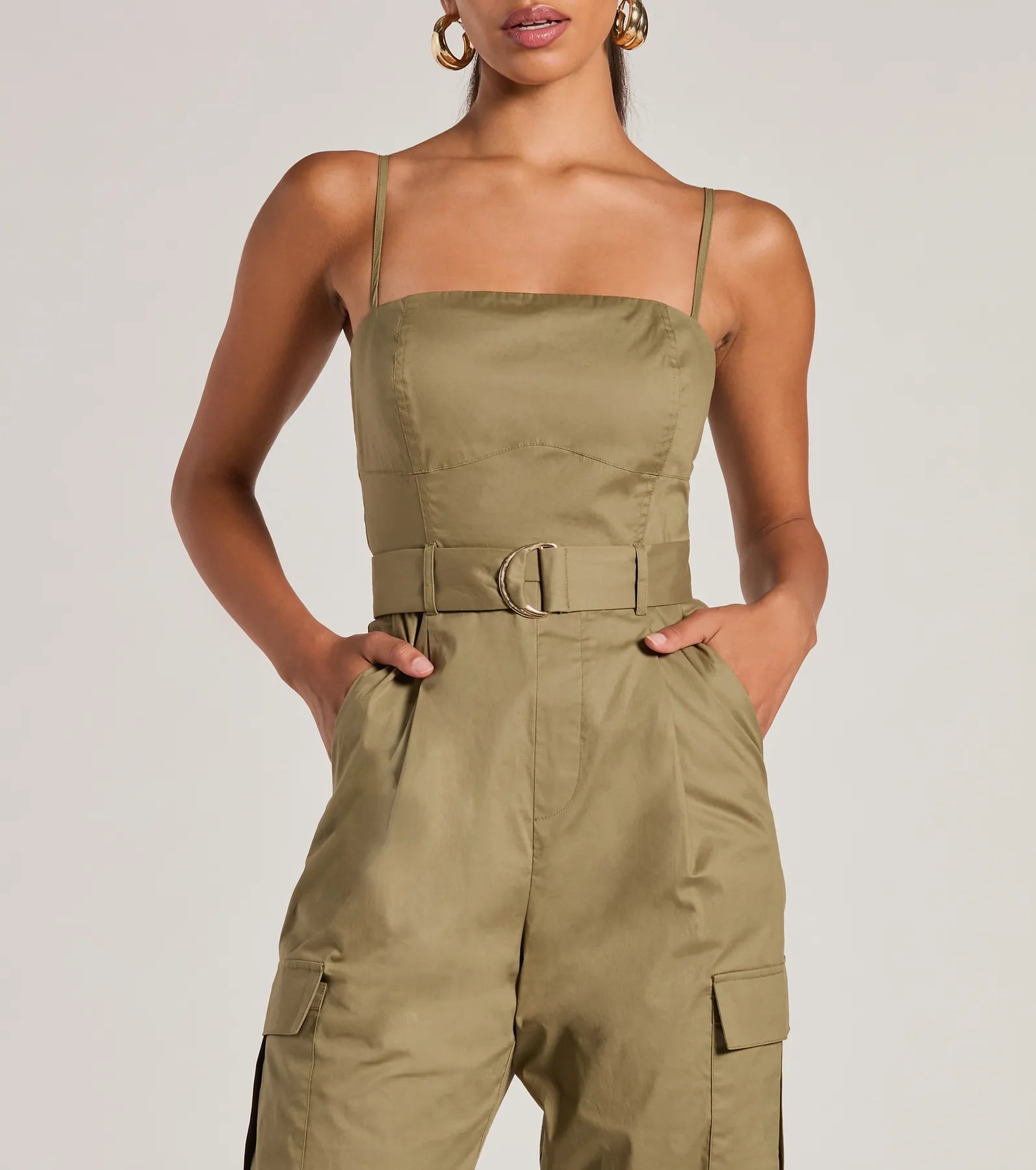 Social Outing Sleeveless Belted Cargo Crop Jumpsuit