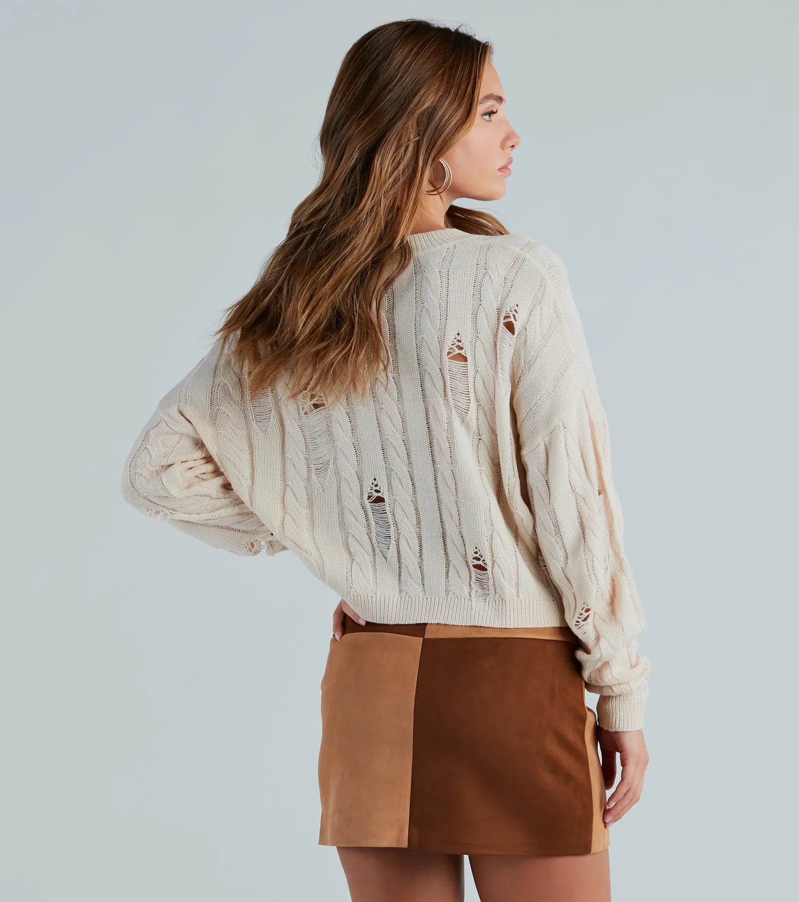 Latte Meet Up Distressed Cable Knit Sweater