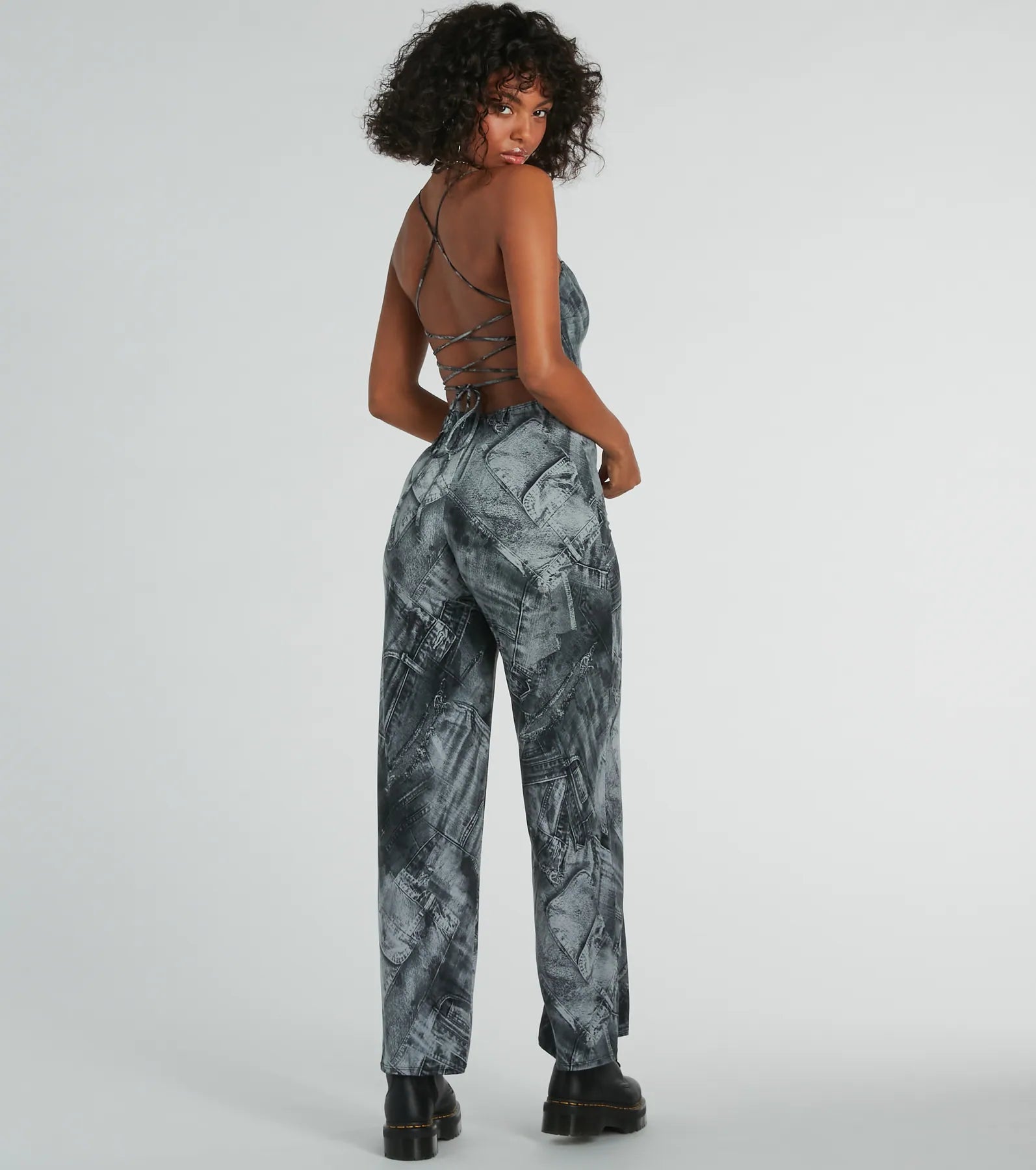 Got Em' Tripping Lace-Up Denim Print Jumpsuit