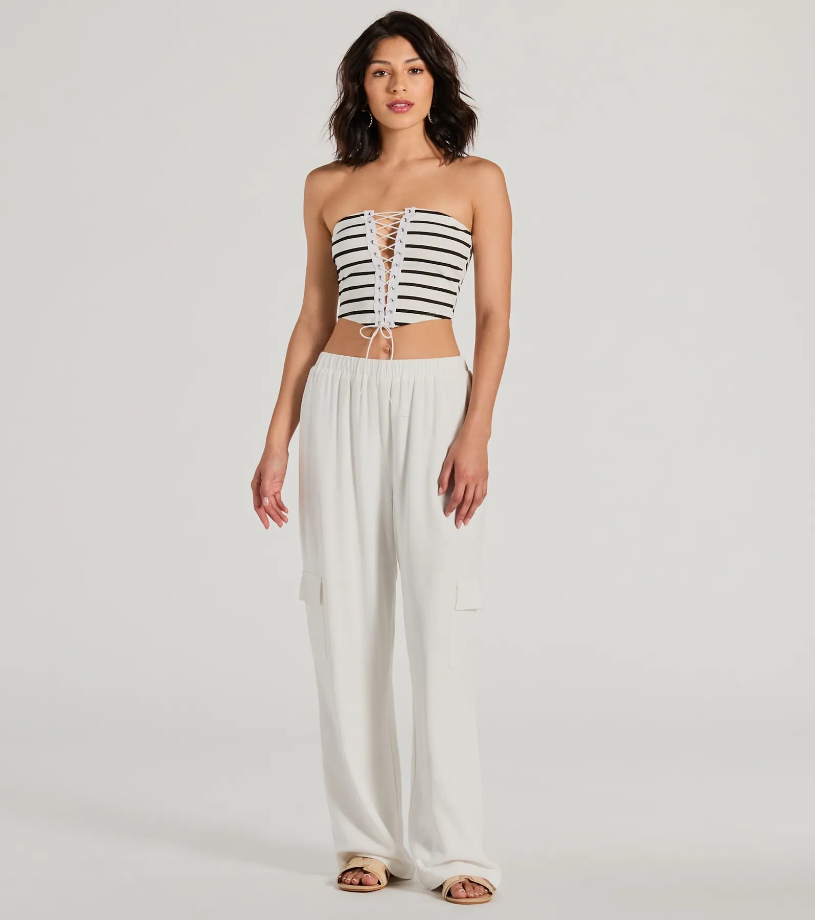 Bold Babe Strapless Lace-Up Striped Crop Top