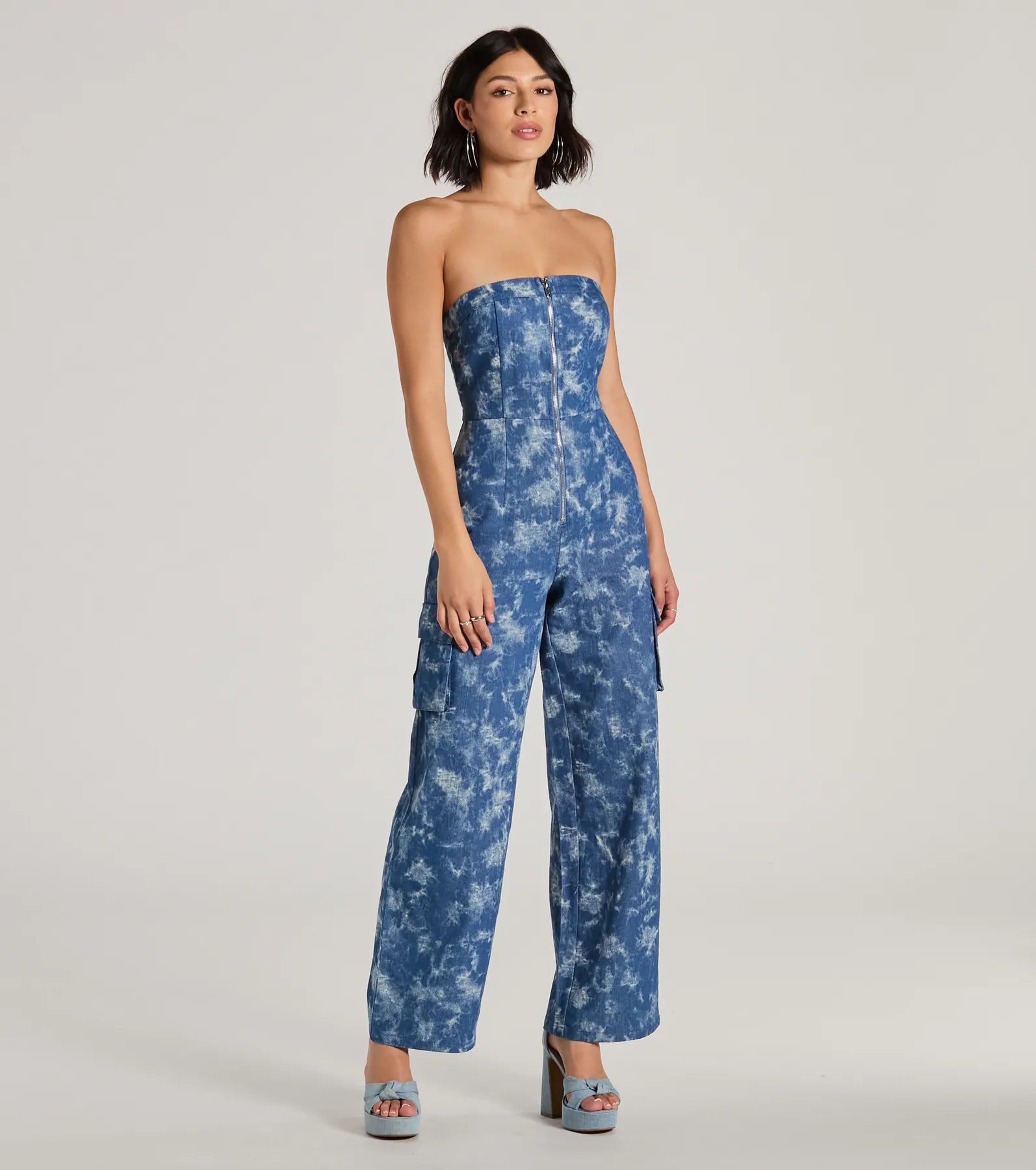 Good Vibes Strapless Tie-Dye Wide-Leg Cargo Jumpsuit