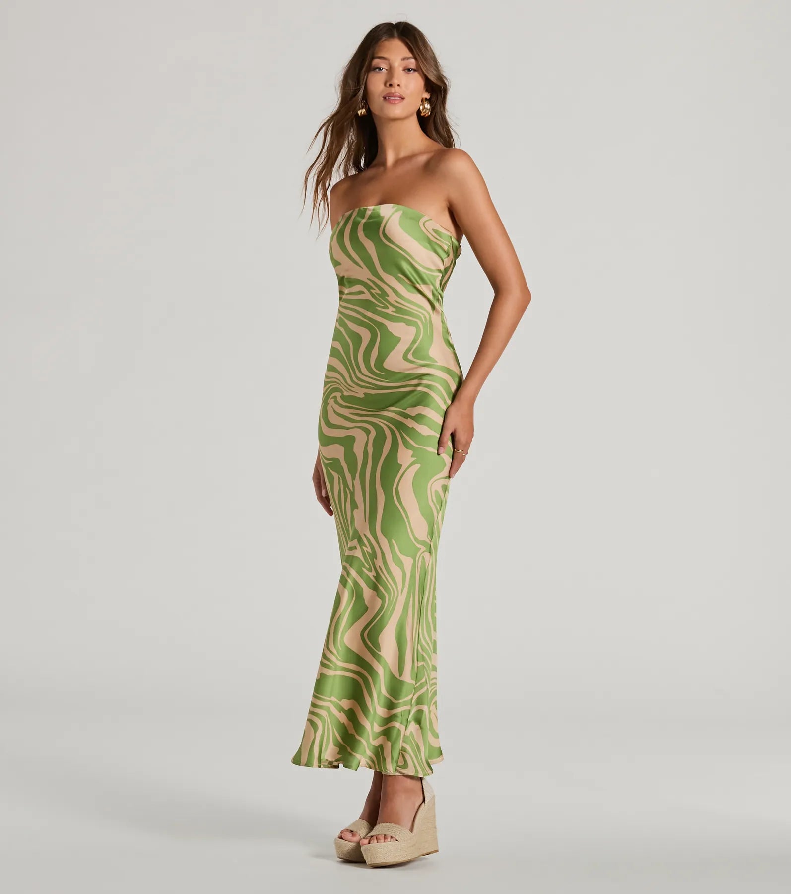 Fierce Stripes Strapless Zebra Print Satin Maxi Dress