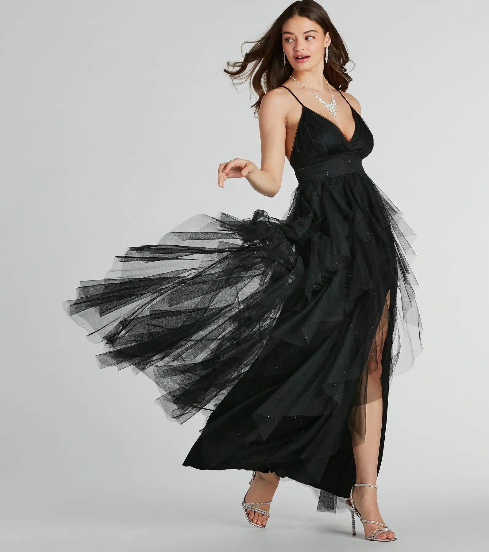 Wynonna V-Neck A-Line Ruffle Glitter Formal Dress