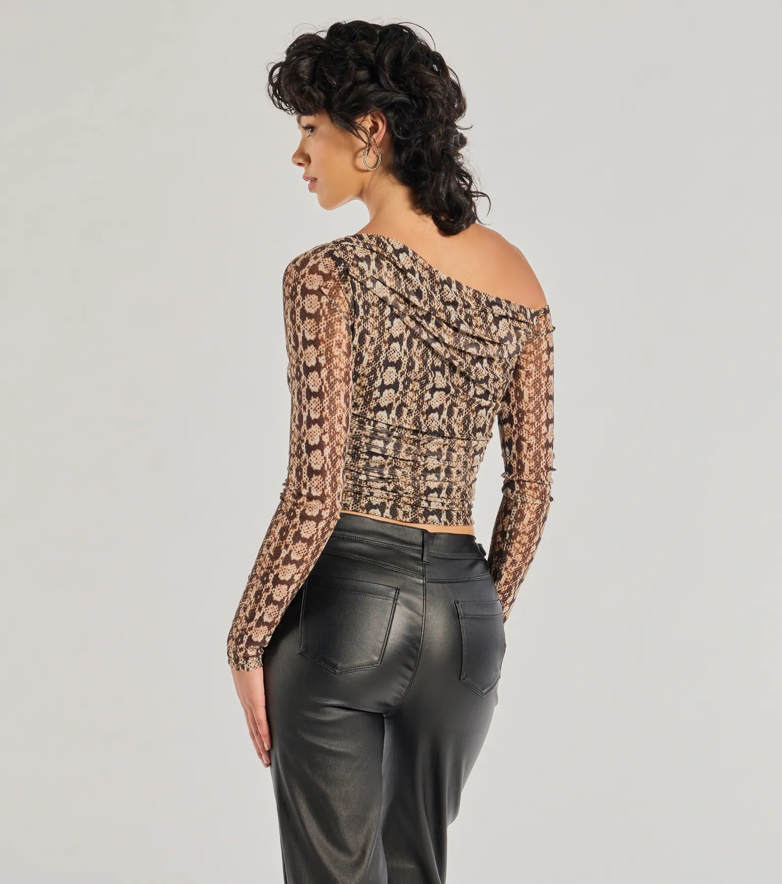 Bold Edge Snake Print Mesh Long Sleeve Top