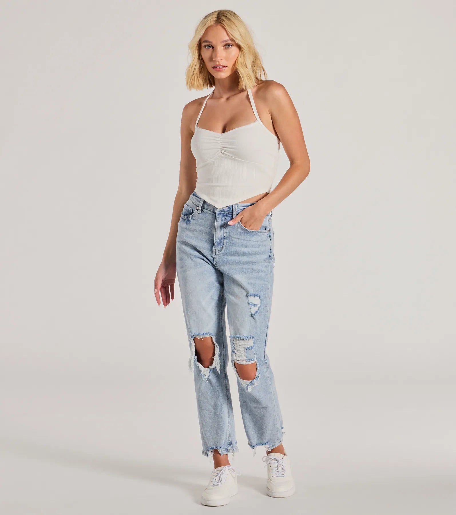 All Day Darling Halter V-Neck Lace Trim Crop Top