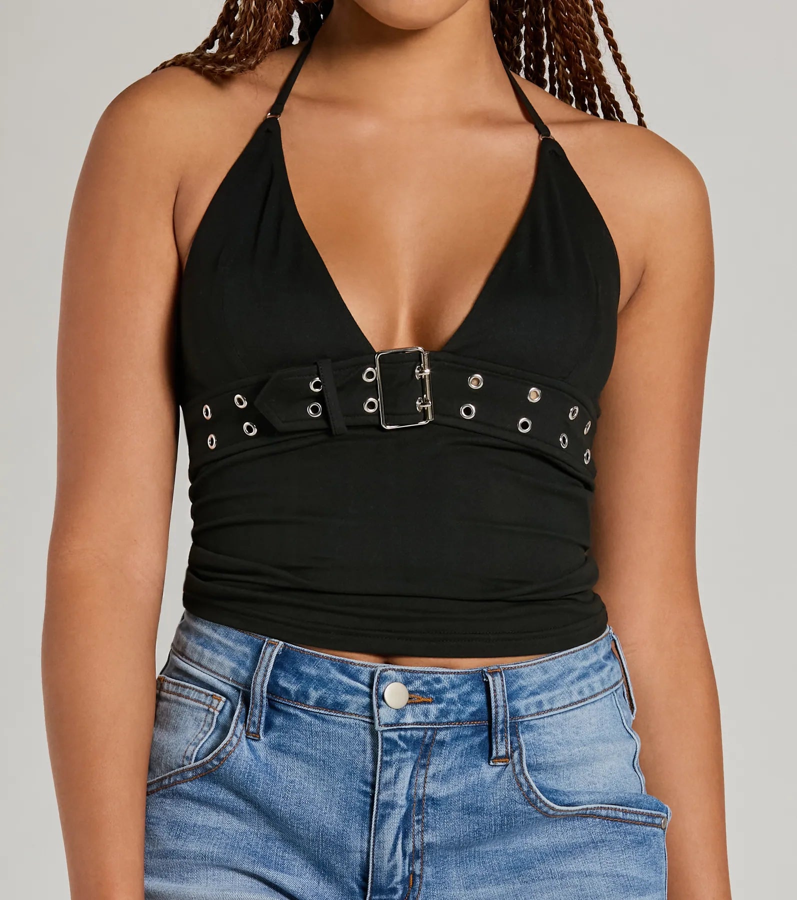 Buckle Down Halter V-Neck Crop Top