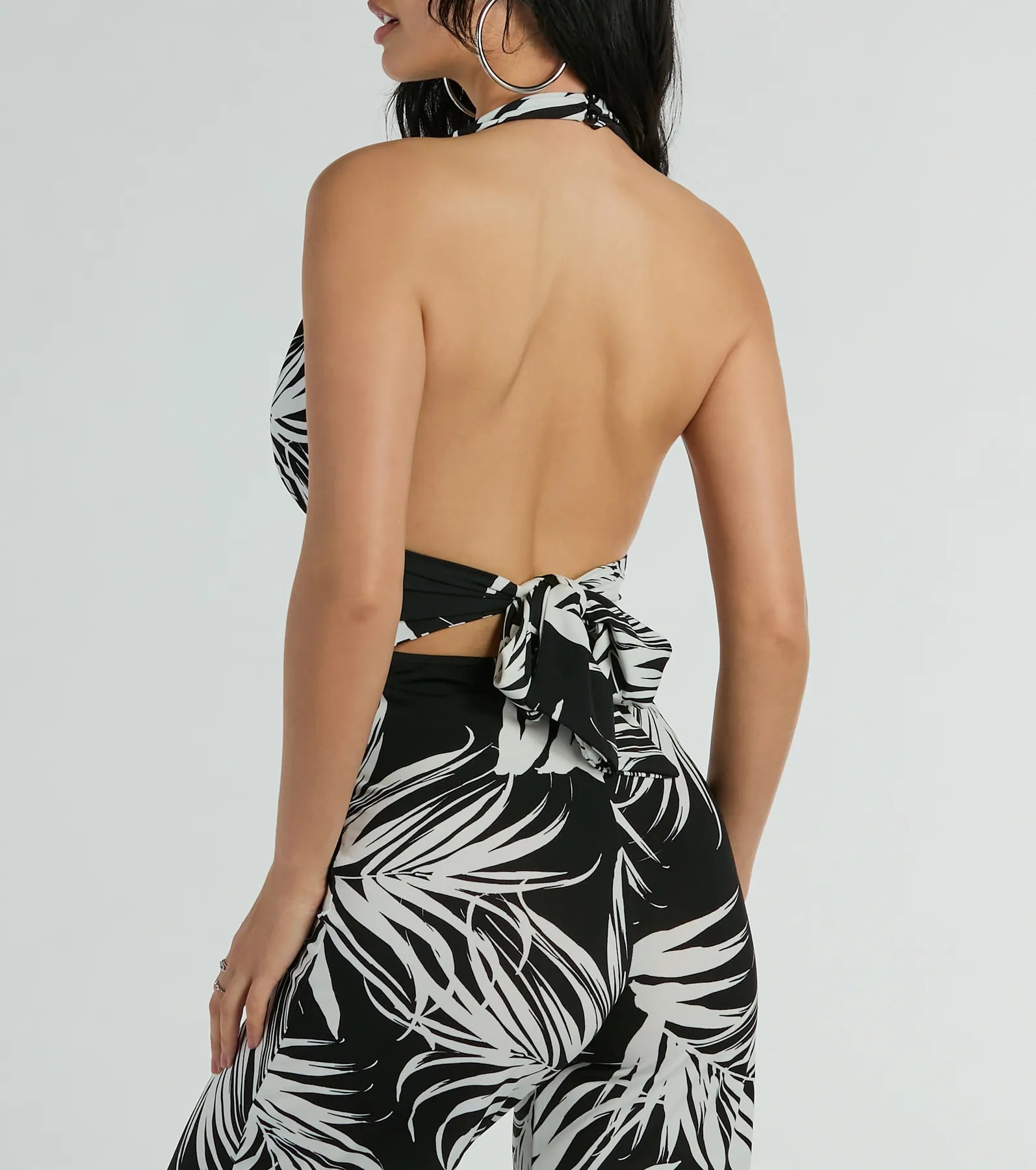 Majorly Tropical Plunge Halter Wide-Leg Jumpsuit