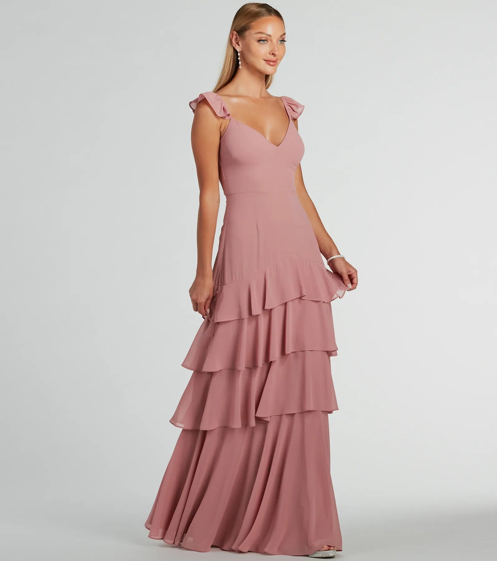 Adalee Flutter Strap Ruffled Chiffon Formal Dress