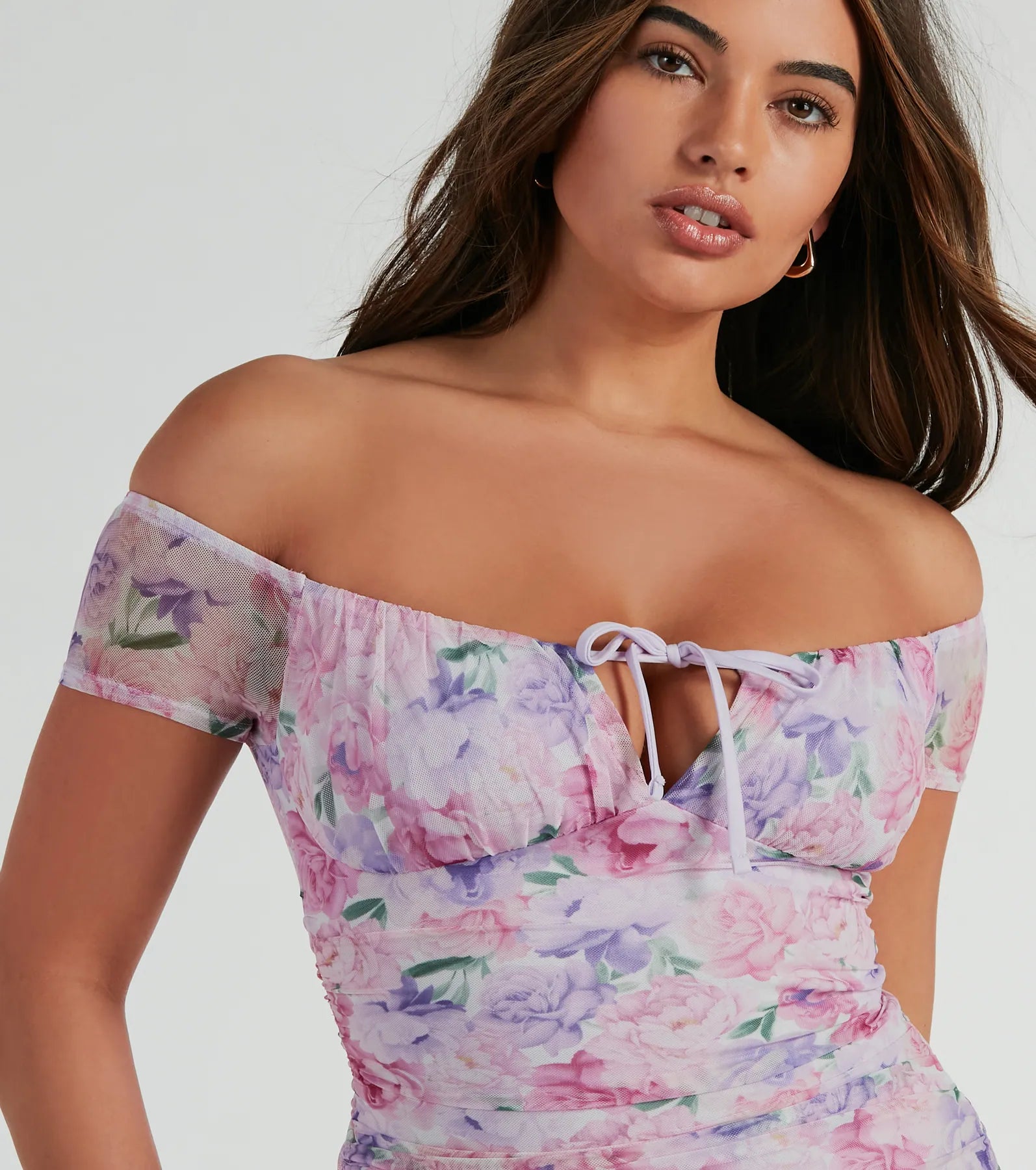 Sweet Charm Off-The-Shoulder Floral Mesh Mini Dress