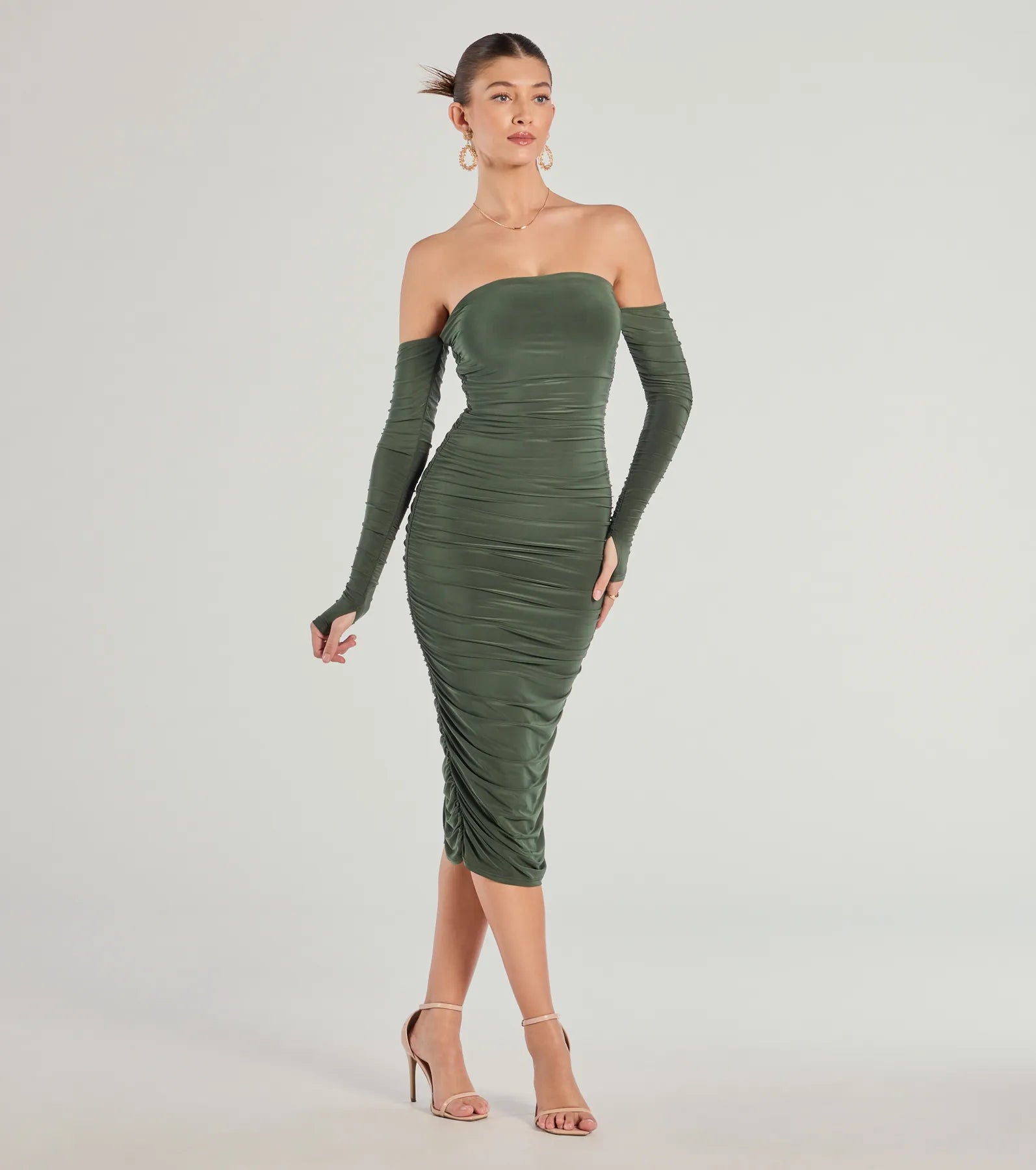 Sleek Appeal Off-The-Shoulder Long Sleeve Midi Dress