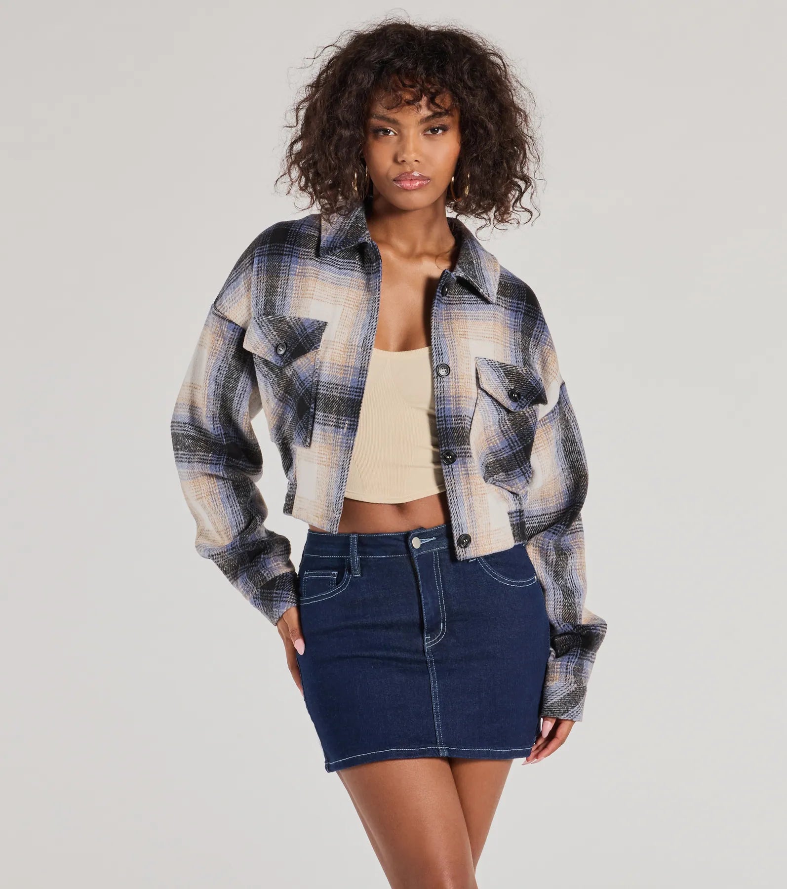 Casually Cozy Plaid Woven Cropped Shacket