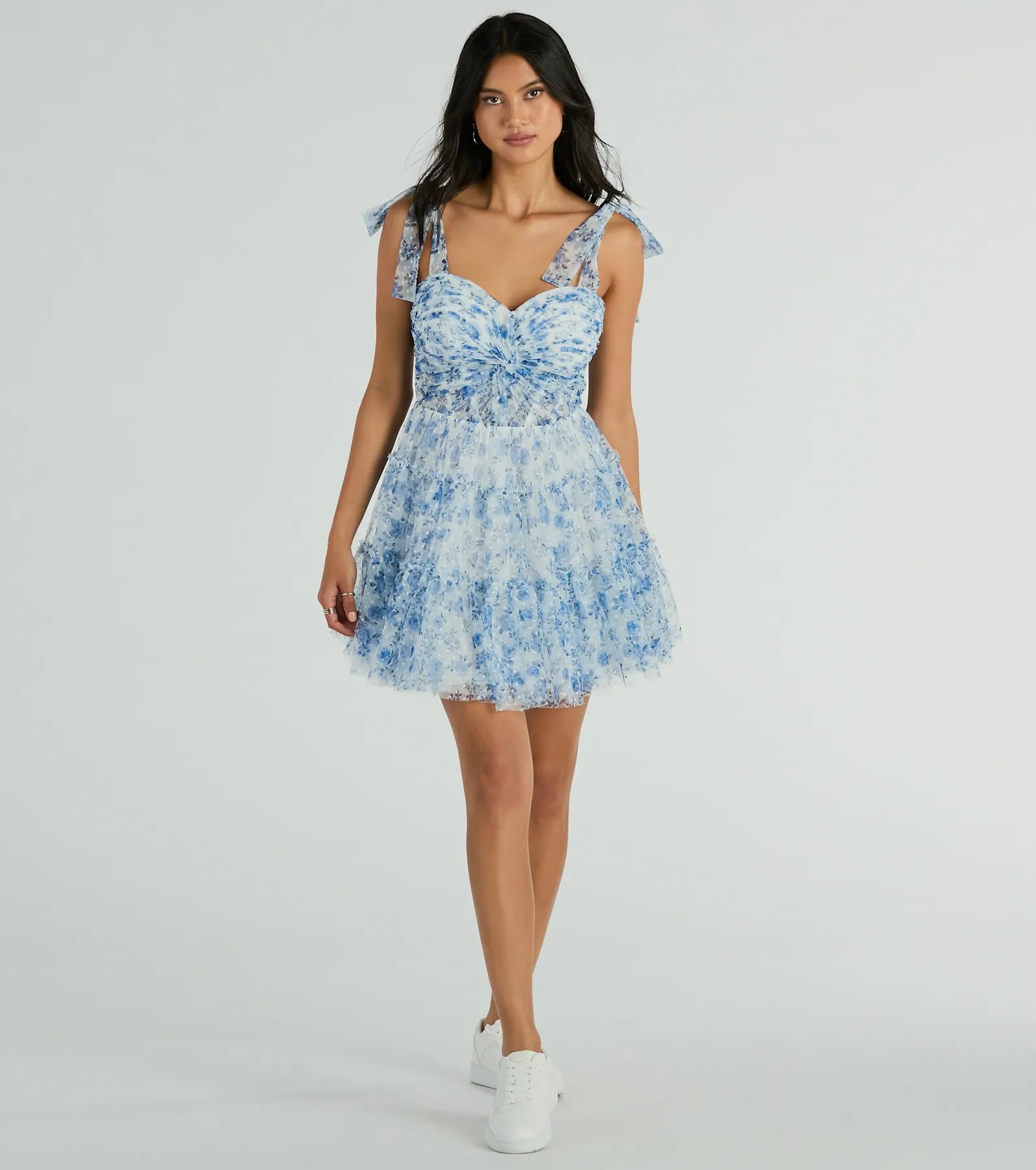 Brynne Formal Floral Mesh Ruffled Skater Dress