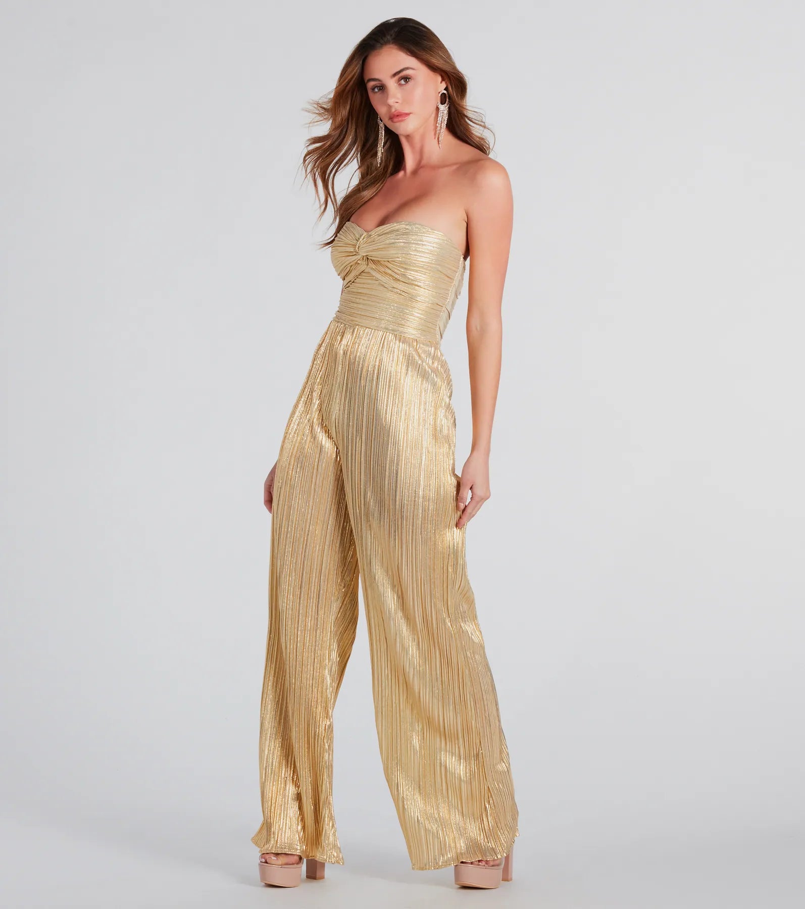 All The Attention Metallic Strapless Jumpsuit