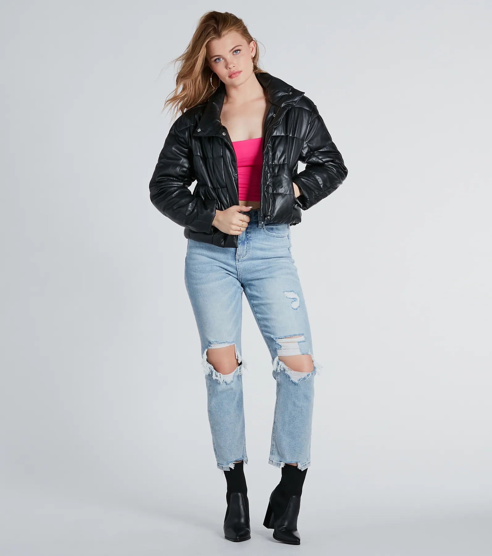 Sleek As Can Be Faux Leather Puffer Jacket