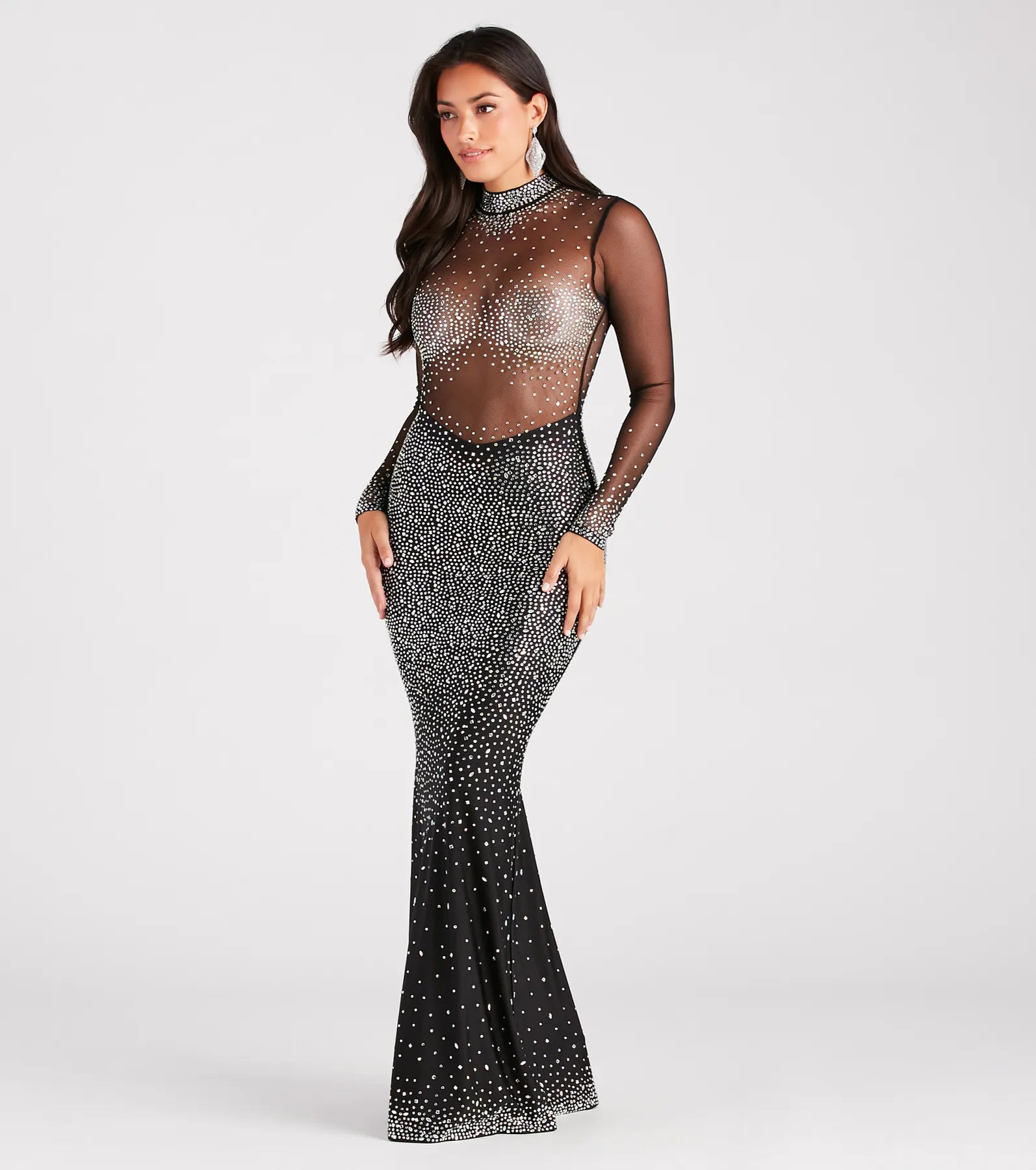 Milana Iridescent Rhinestone Sheer Mesh Formal Dress