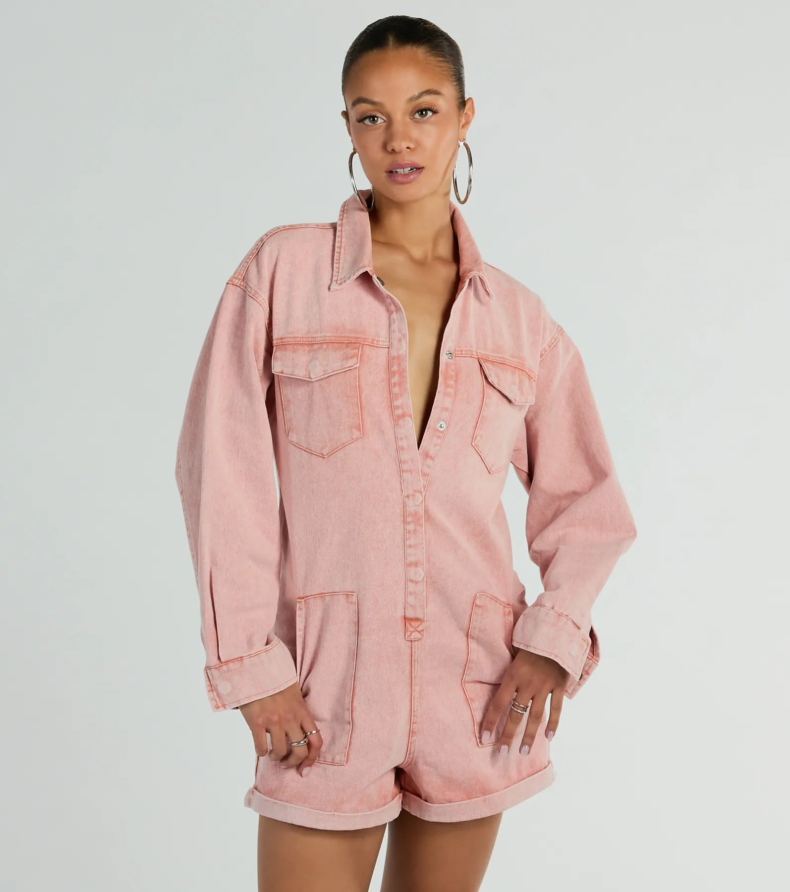 Road Trippin' Long Sleeve Cuffed Acid Denim Romper