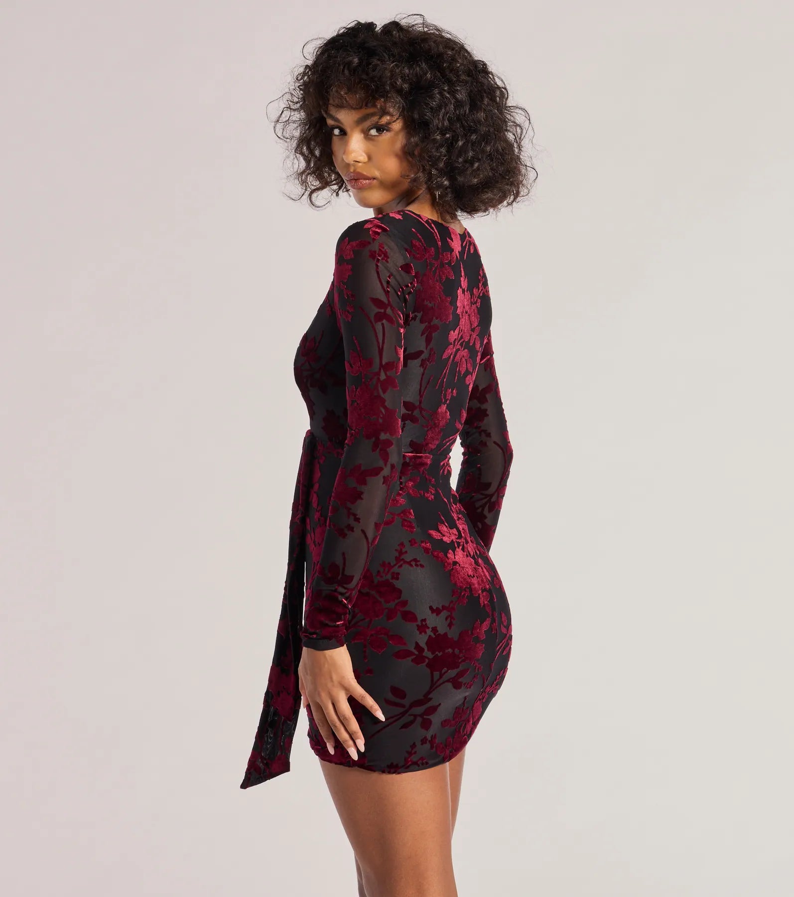 Vision In Velvet Pattern V-Neck Tie Mini Dress