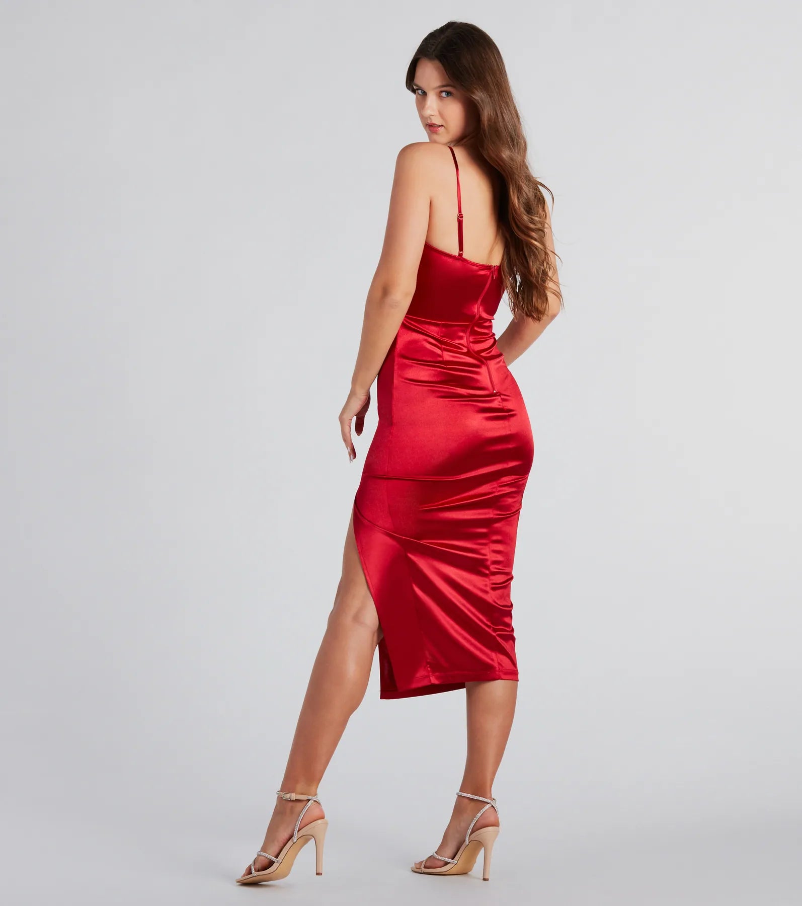 Alena Formal Satin Cowl Neck Midi Dress