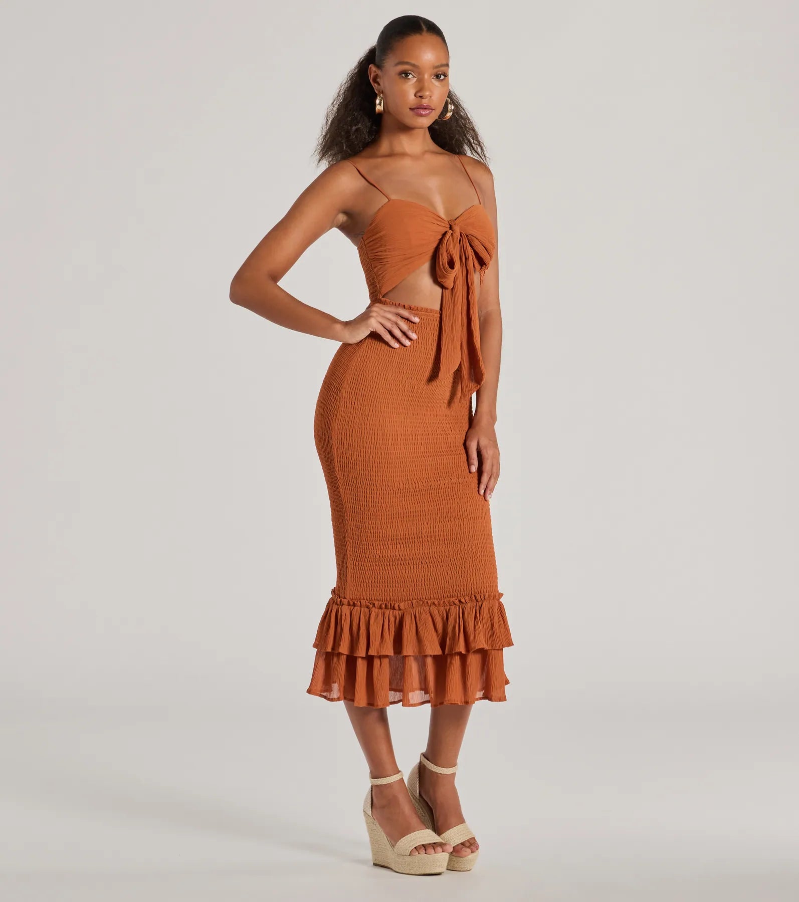 Bold Babe Cutout Ruffle Hem Chiffon Midi Dress