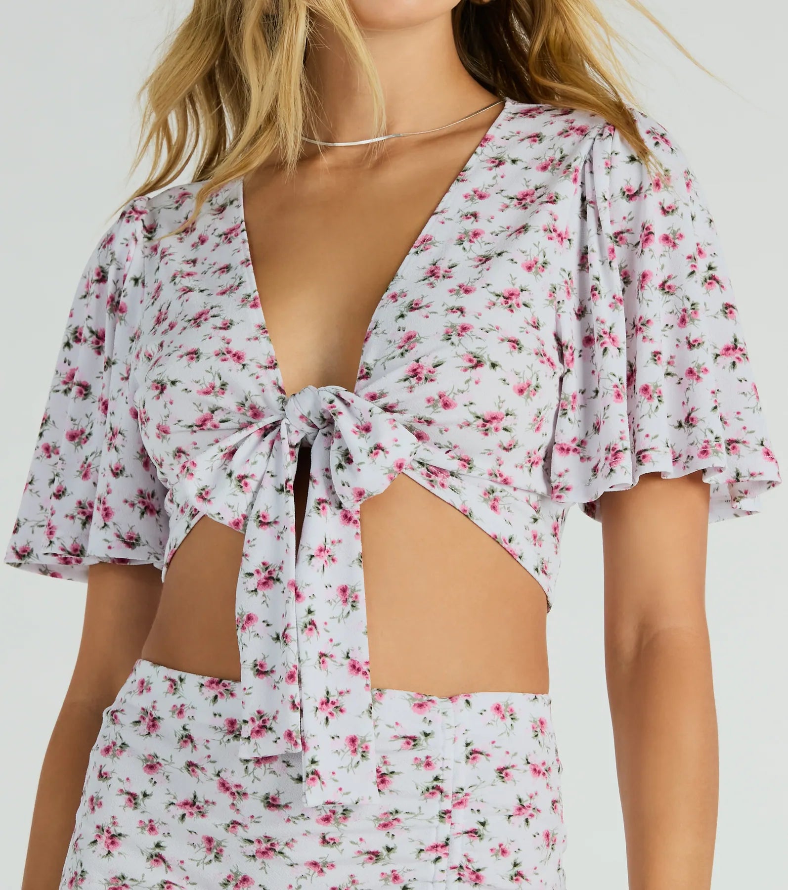 Sweet Flirt Flutter-Sleeve Ditsy Floral Tie-Front Top