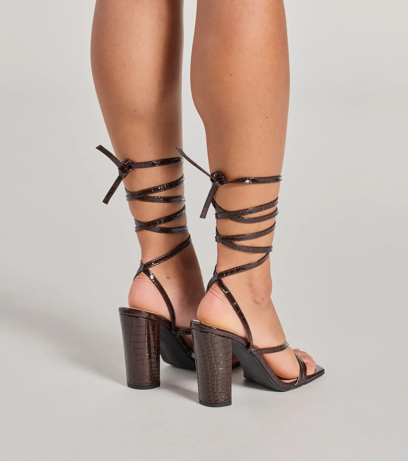 So Sleek Faux Croc Embossed Lace-Up Block Heels