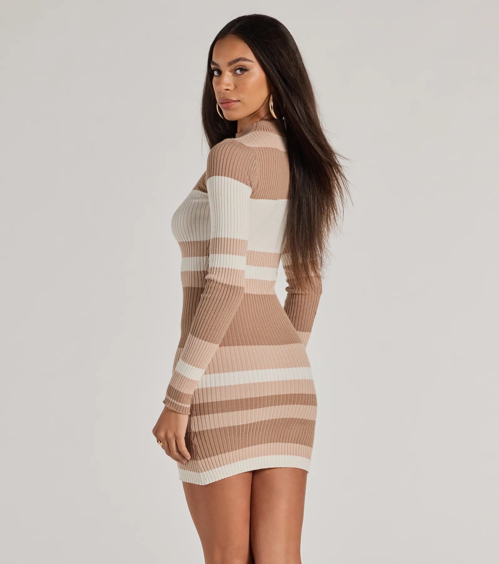 Modern Stripes Ribbed Knit Long Sleeve Mini Dress