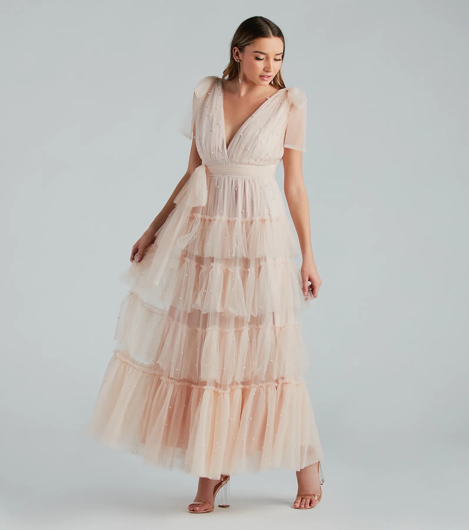 Adele Pearl Detail Ruffle Tulle Formal Dress